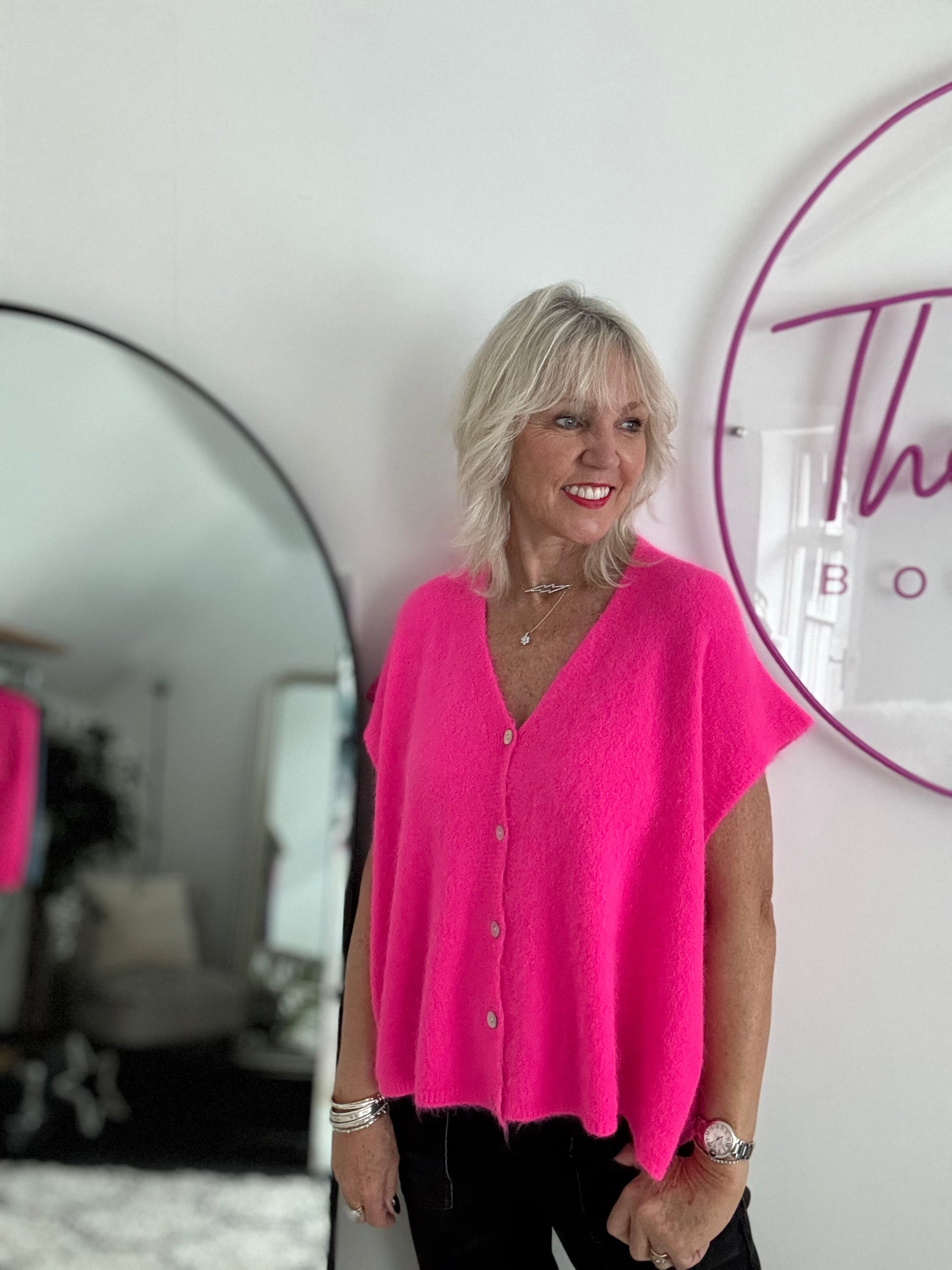 Alpaca Button Tank in Neon Pink