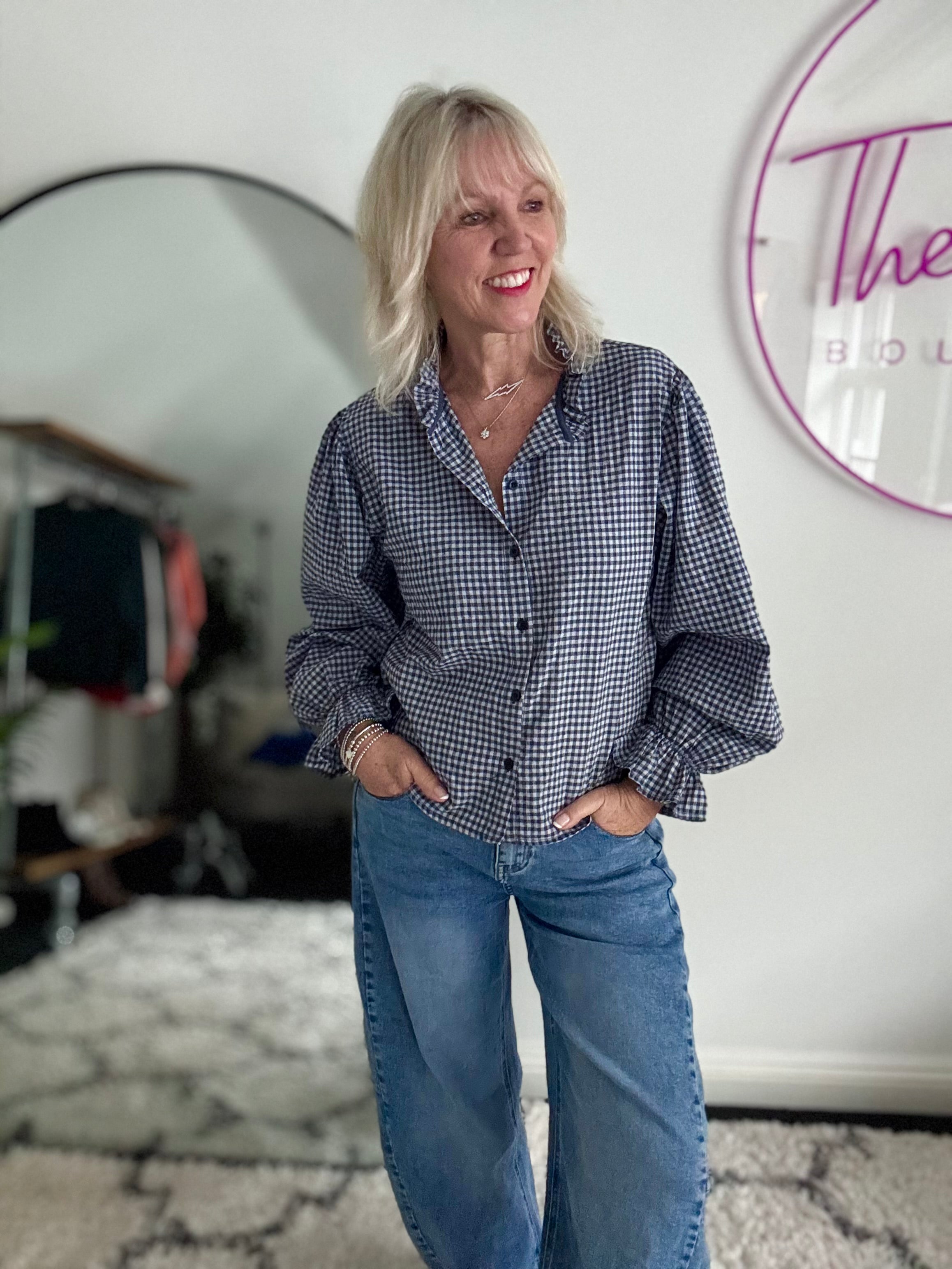 Gingham Seersucker Buttoned Shirt in Navy