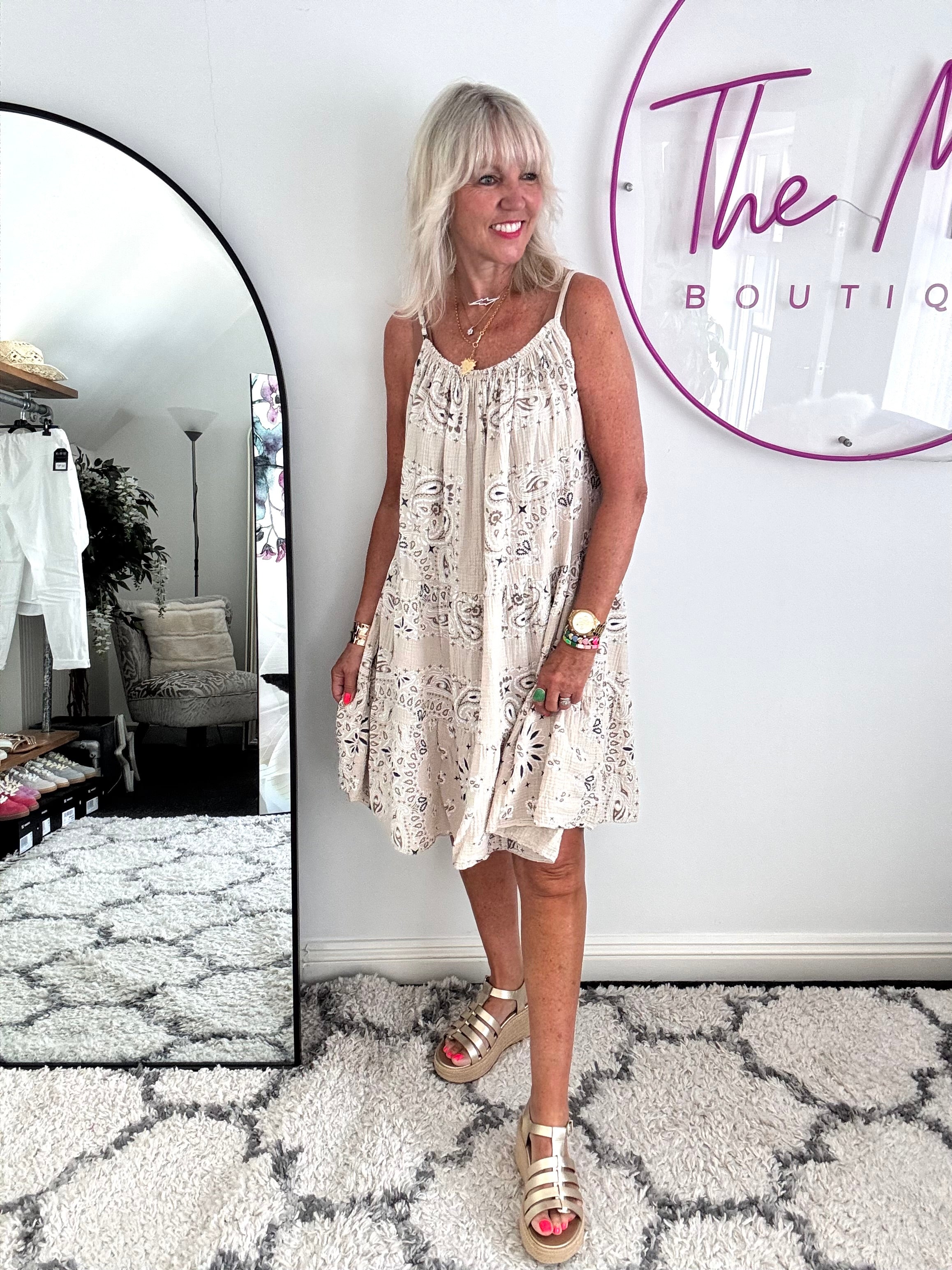 Paisley Cheesecloth Dress in Stone