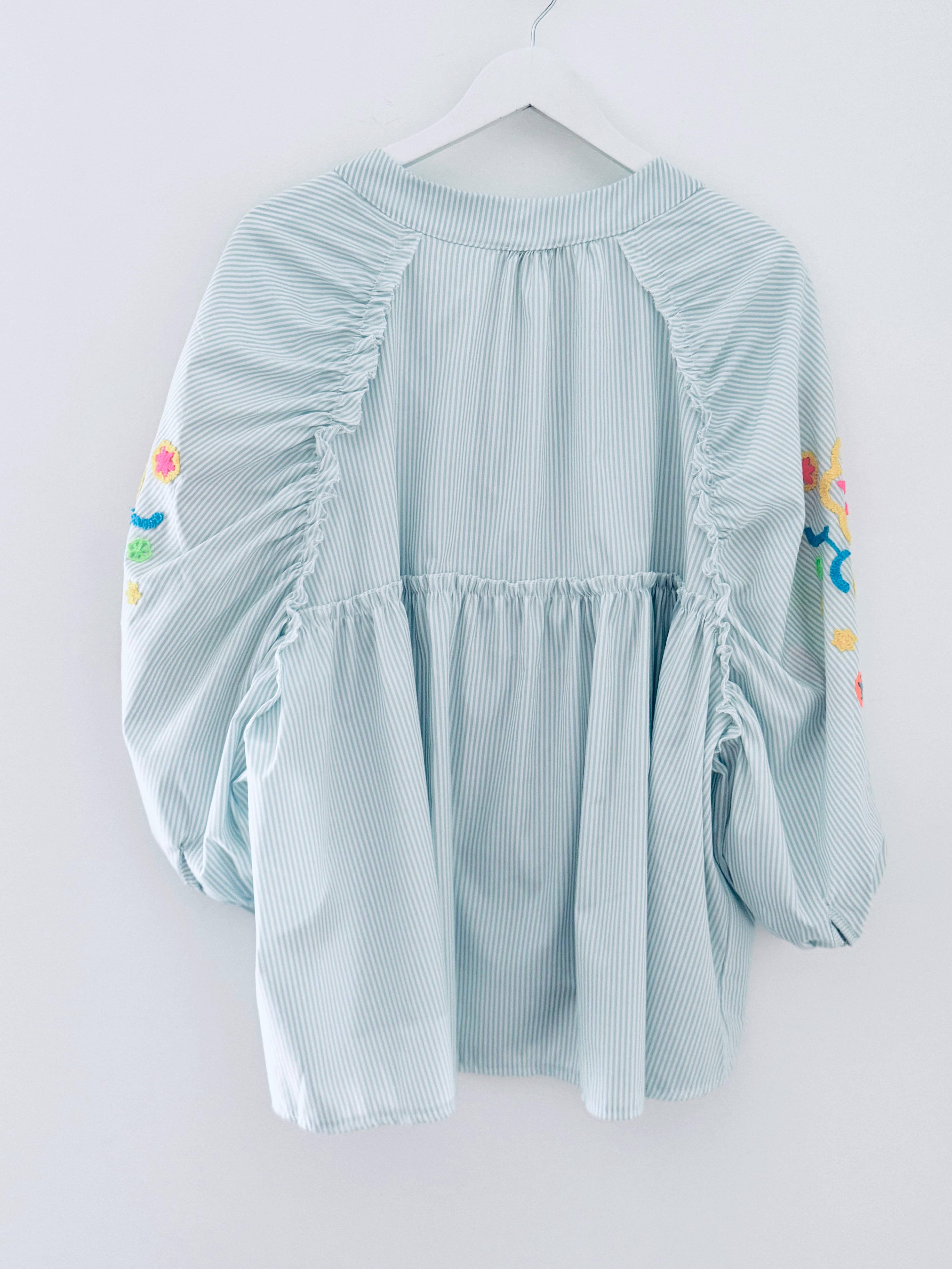 Designer Stripe Shirt with Neon Embroidered Sleeves in Seafoam Green