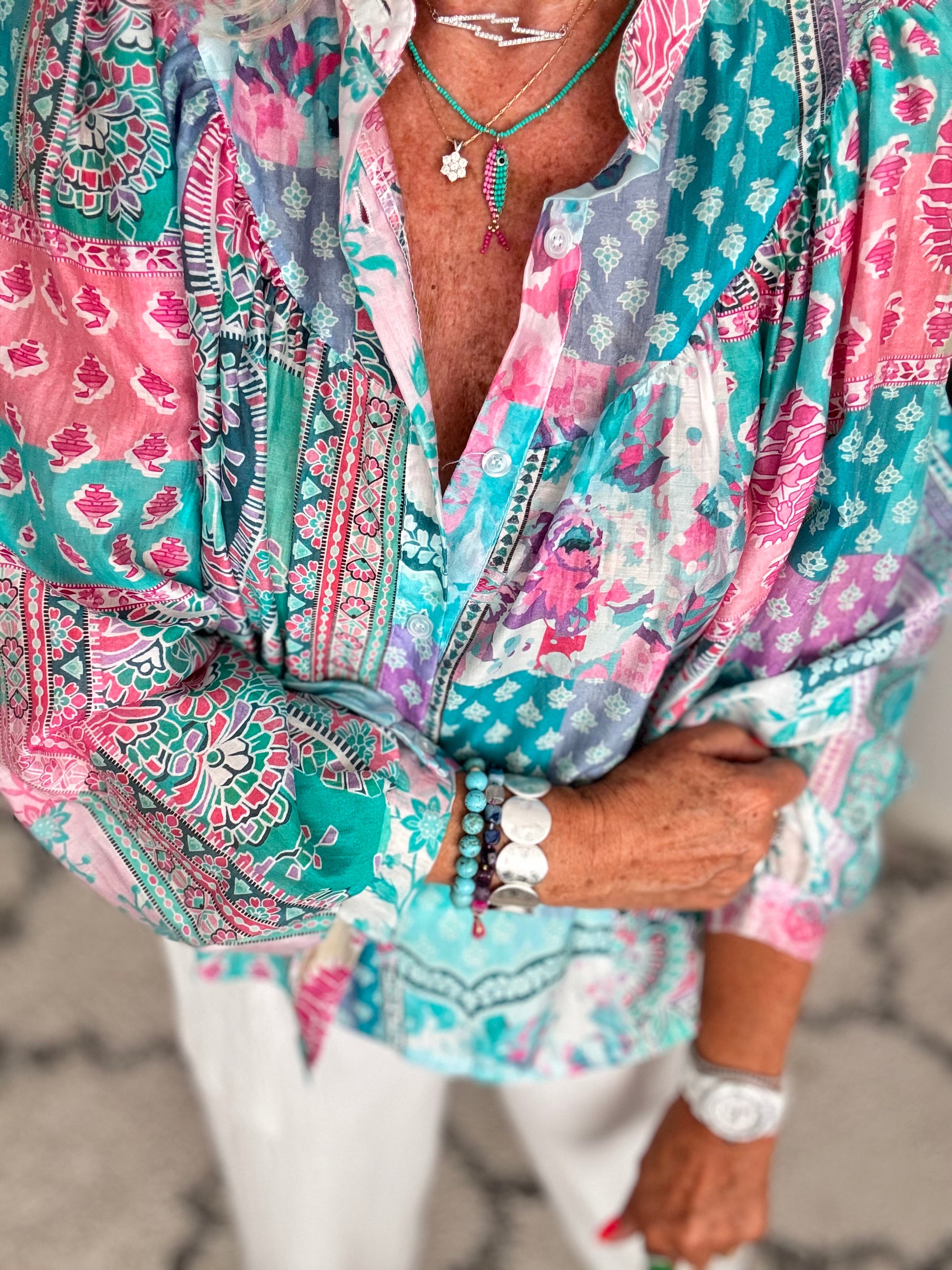 Patchwork Shirt in Fuchsia & Teal