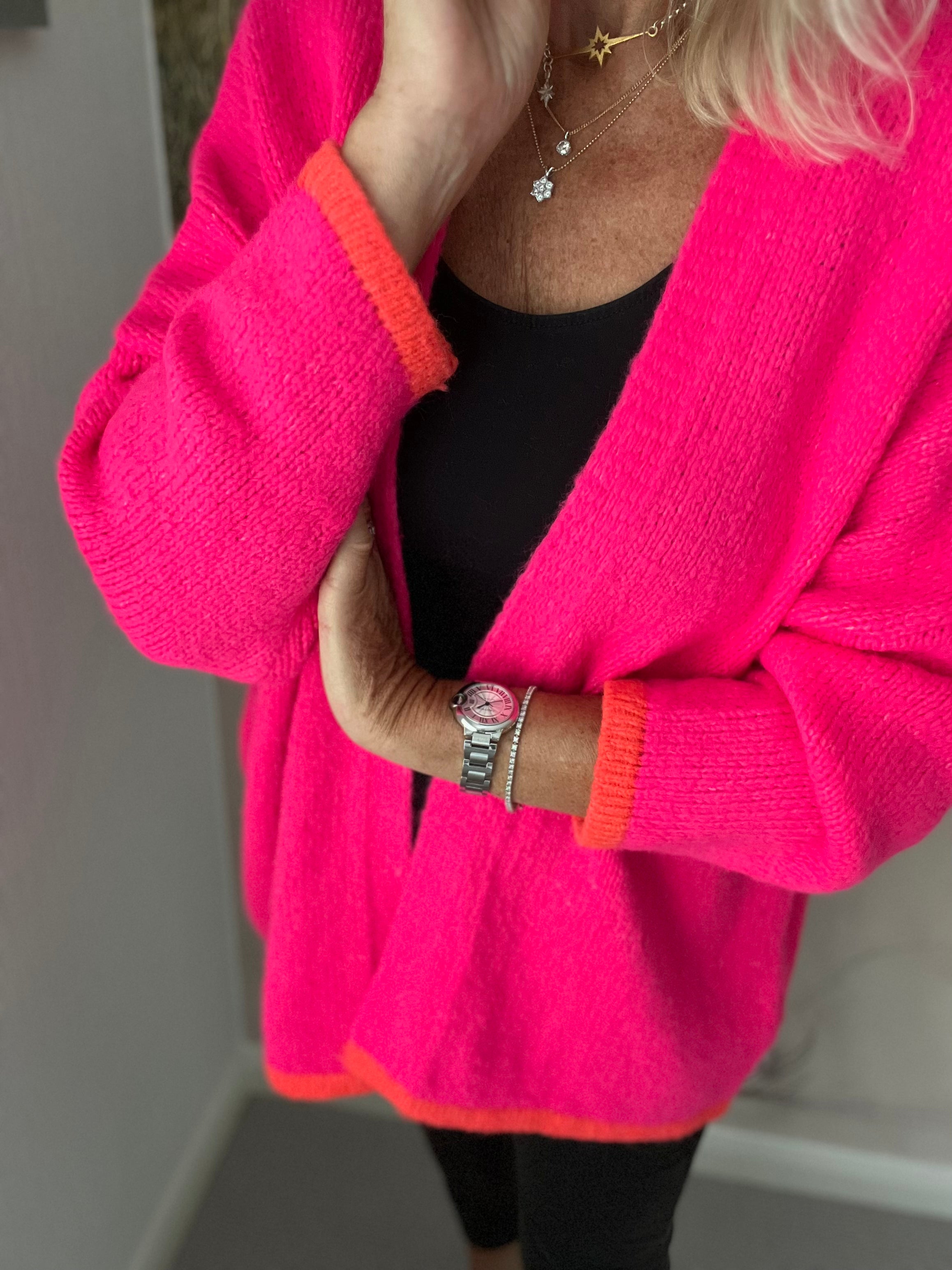 Cardi in Pink with Neon Orange Hem