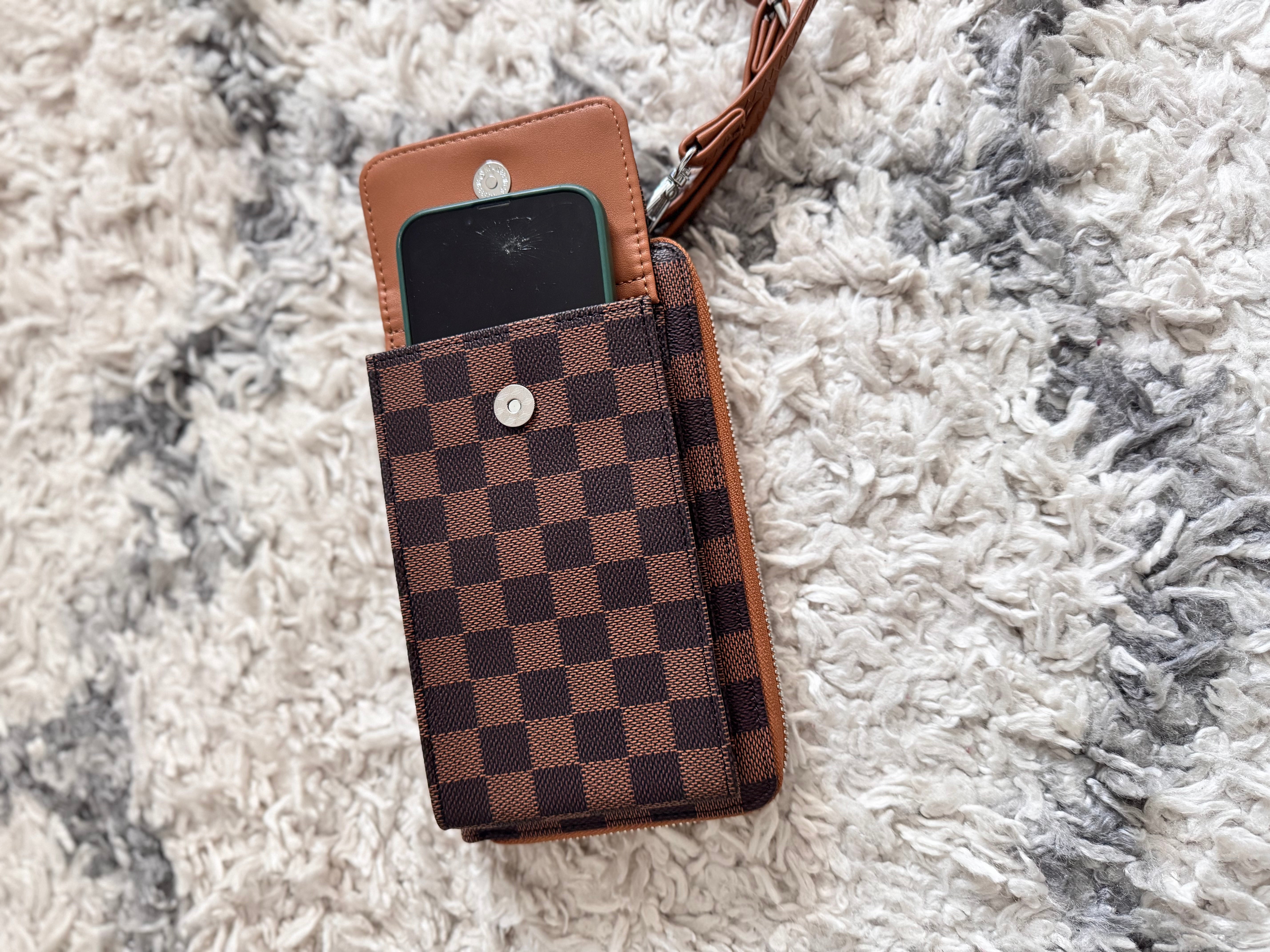 Check Phone Bag/Wallet in Chocolate & Tan
