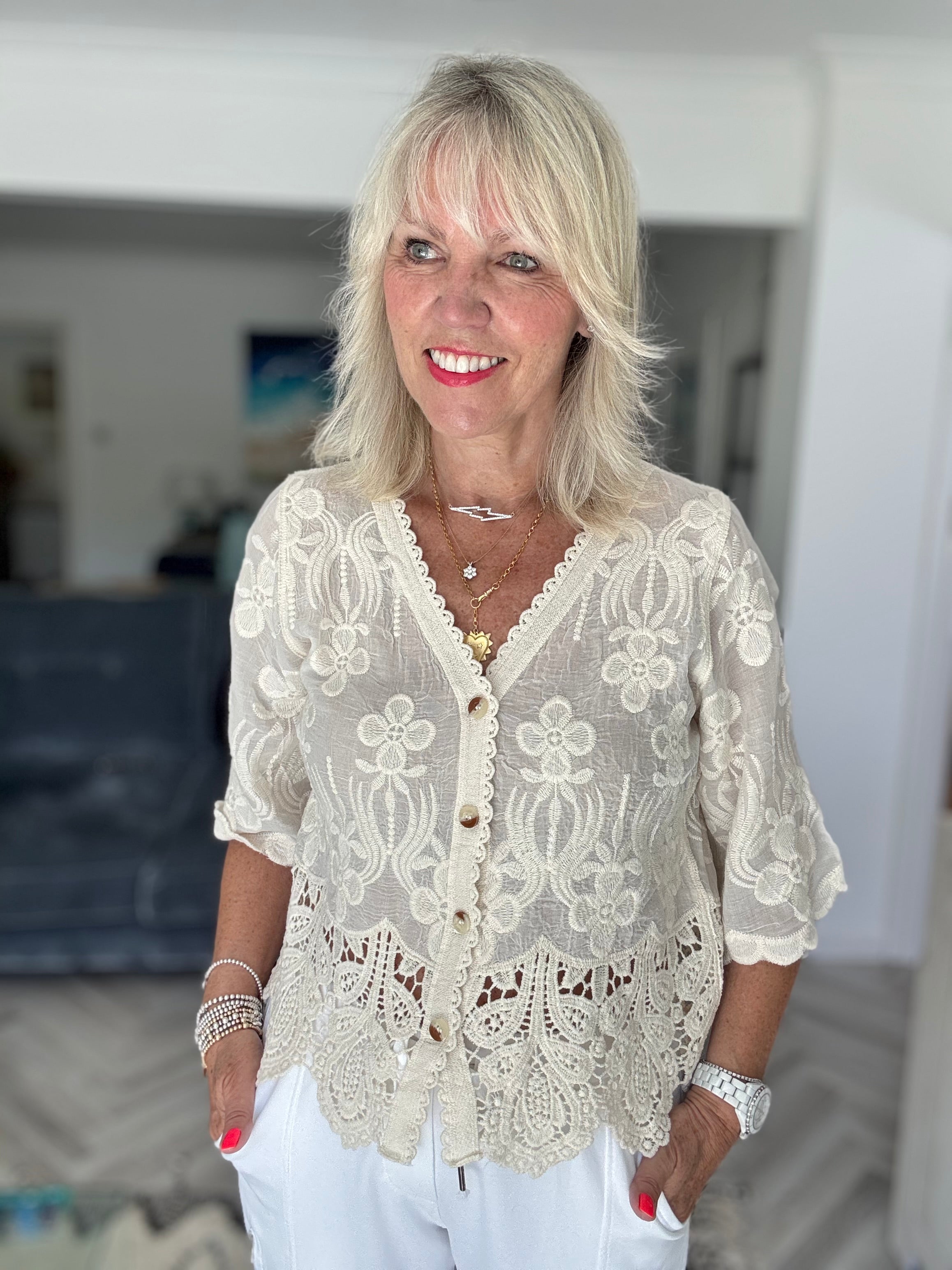 Embroidered Lace Top in Ecru
