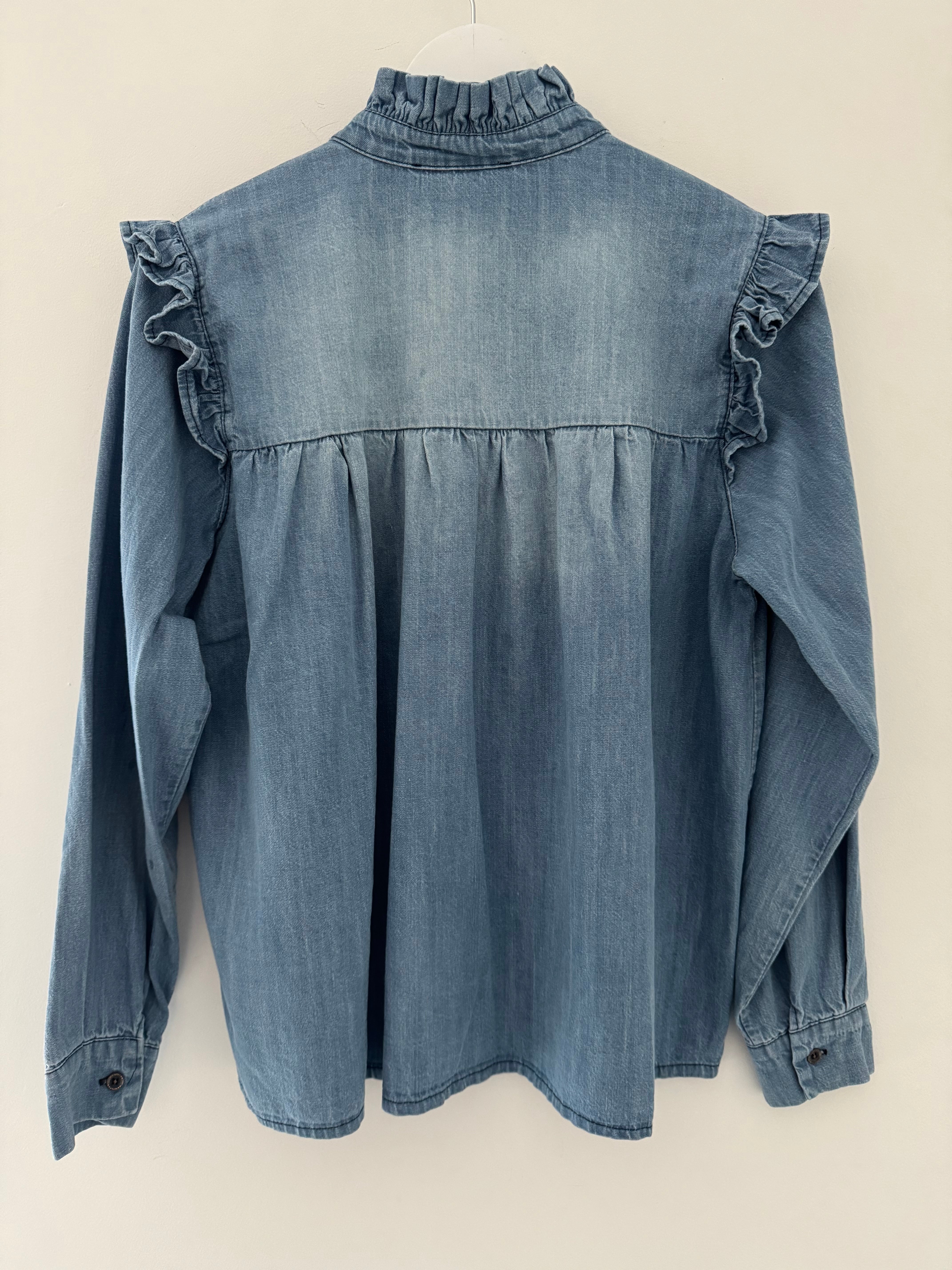 Luxe Ruffle Blouse in Mid Denim