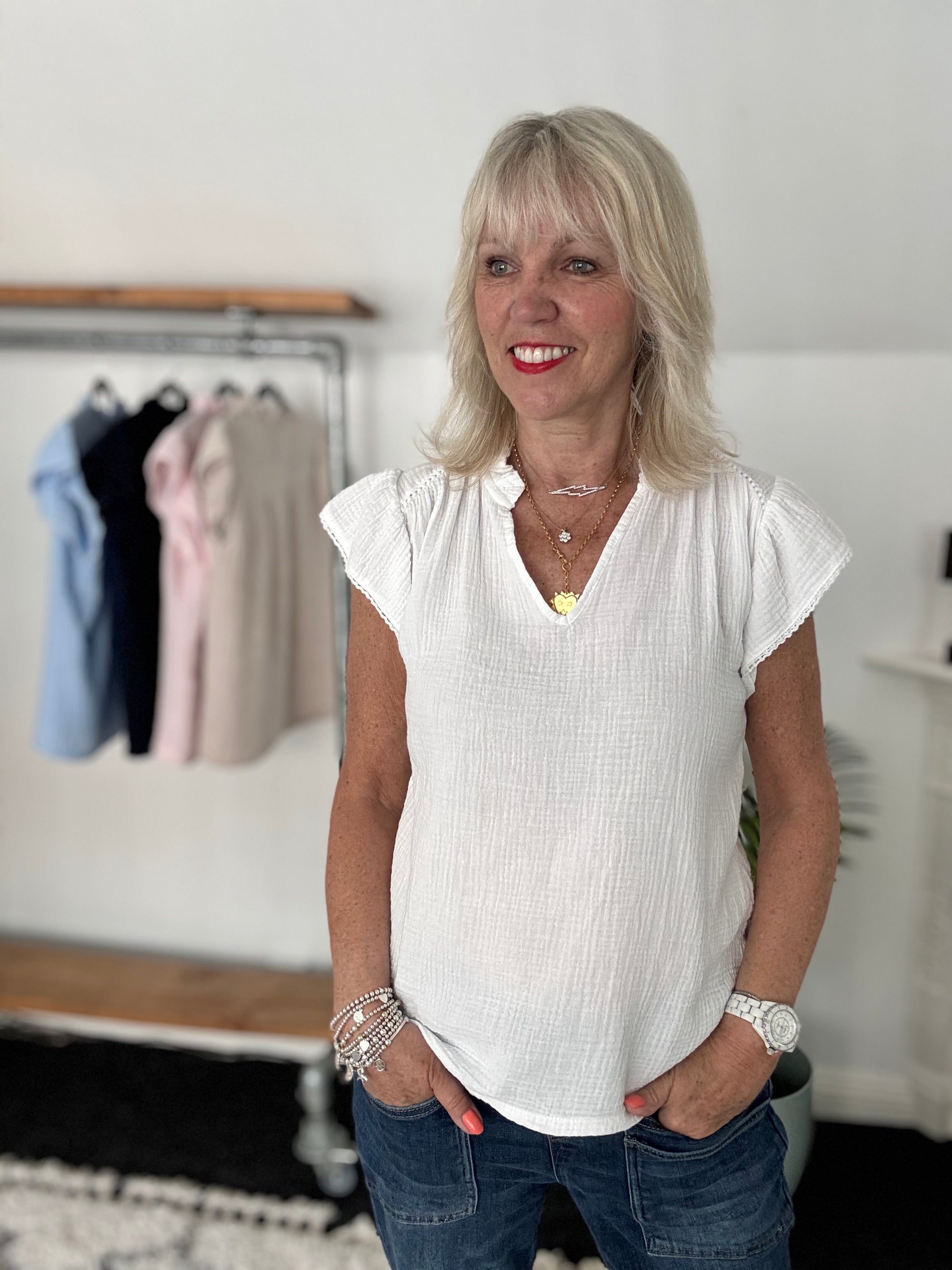 Cheesecloth Top with Ruffle Sleeves in White