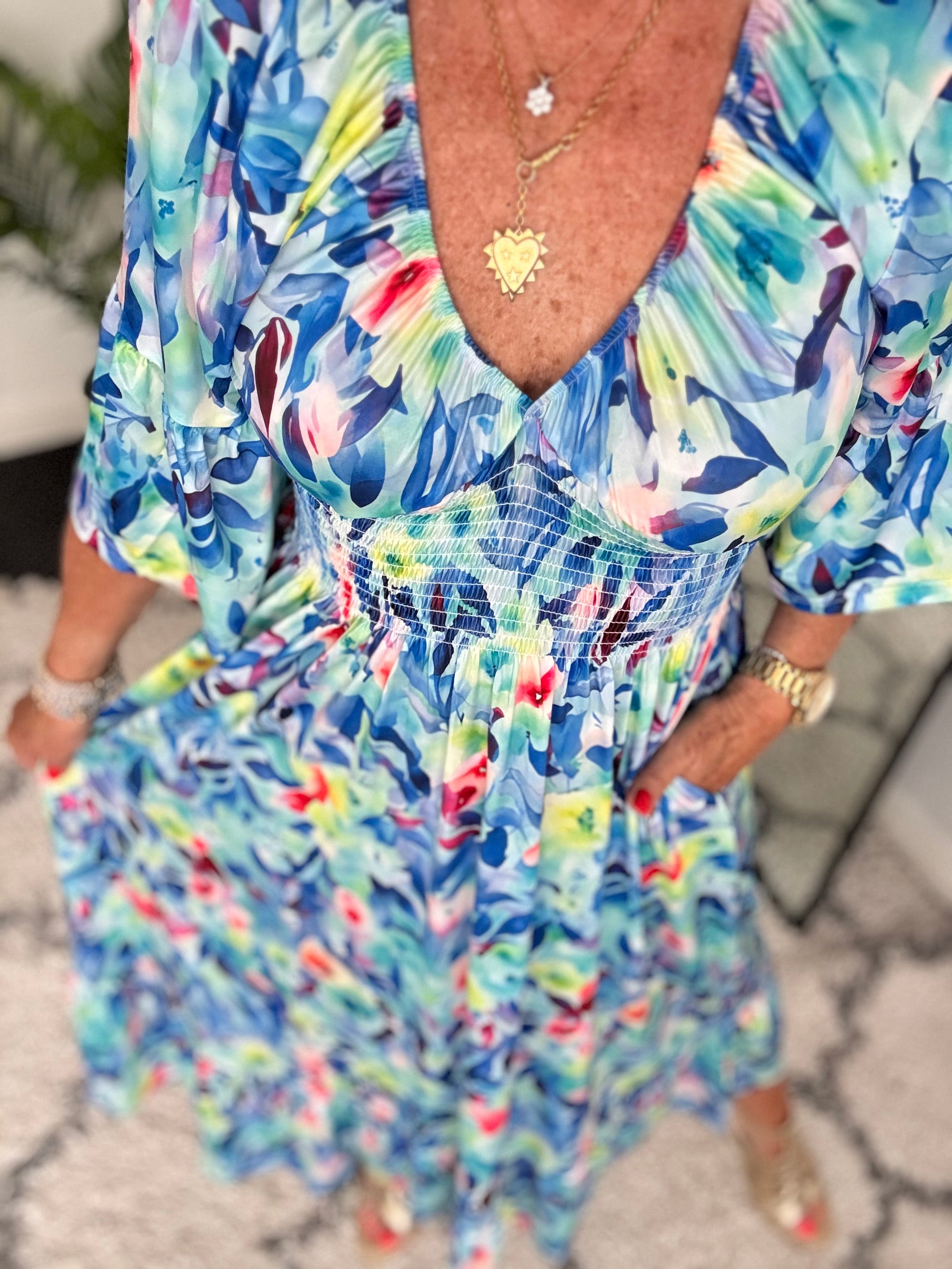 Silky Stretch Dress in Blue & Pink