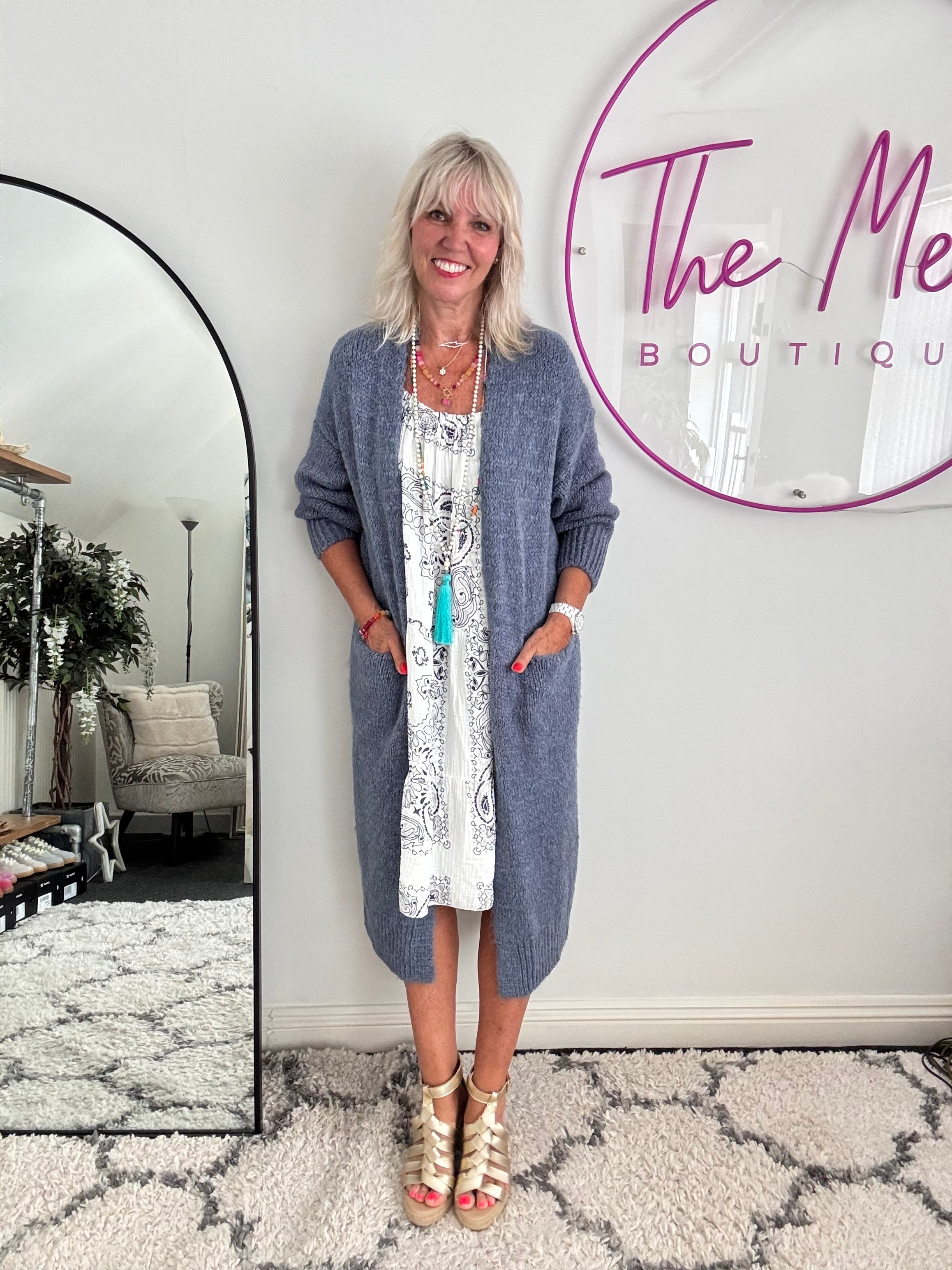 Luxe Neon Horse Cardi in Denim Blue