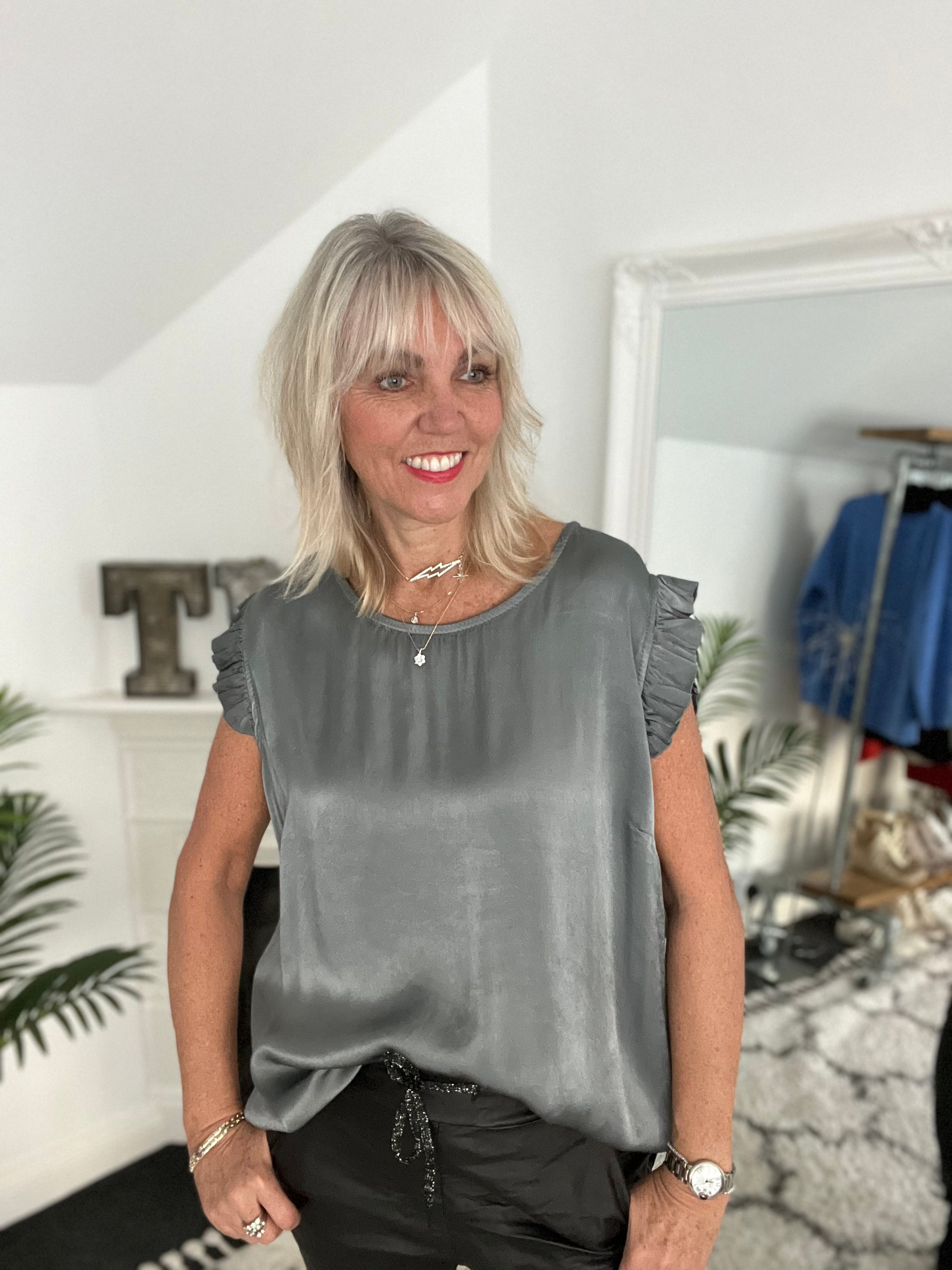 Silky Frill Sleeve Top in Sage Grey
