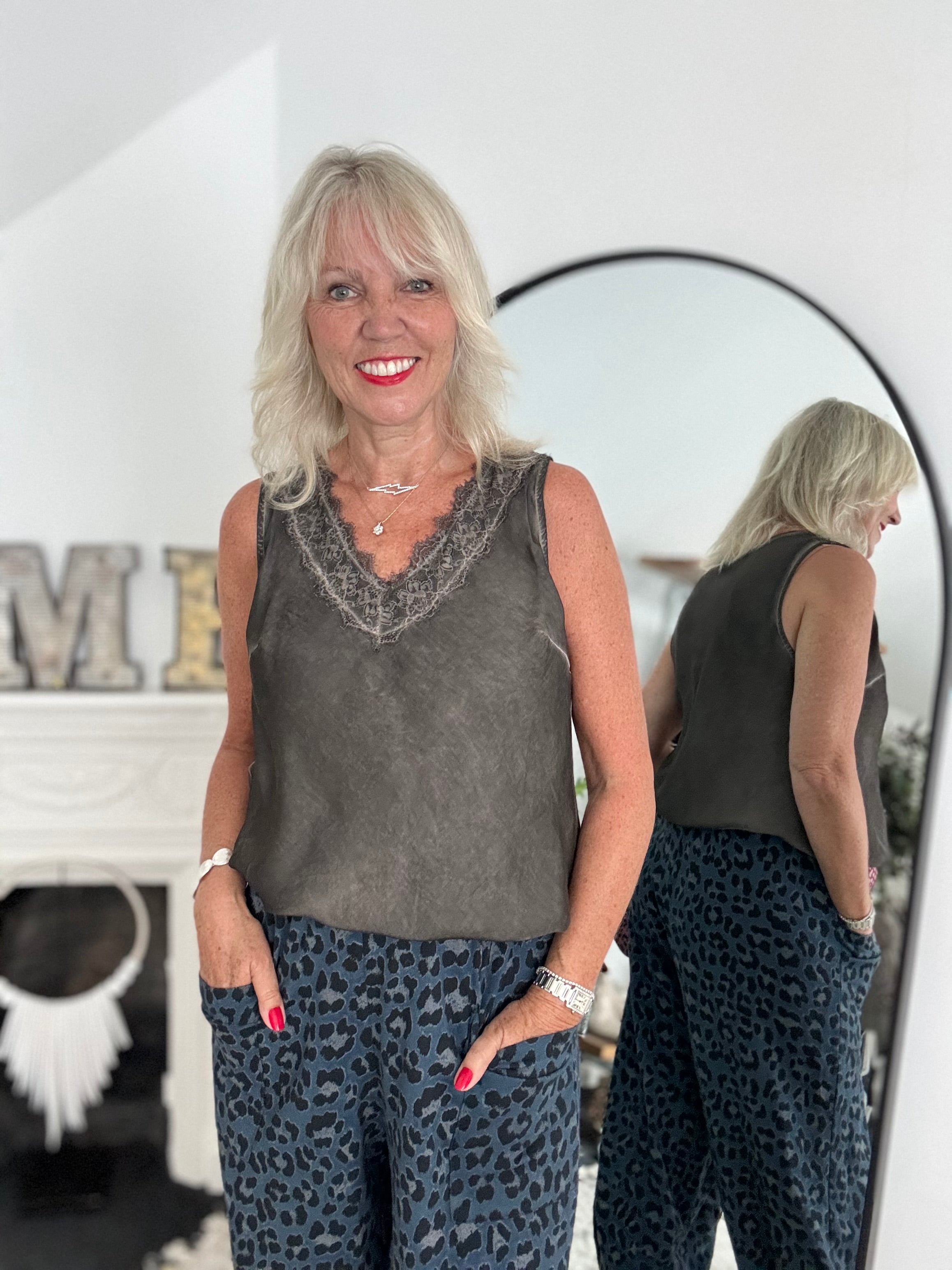 Lace Trim Silk Top in Cocoa