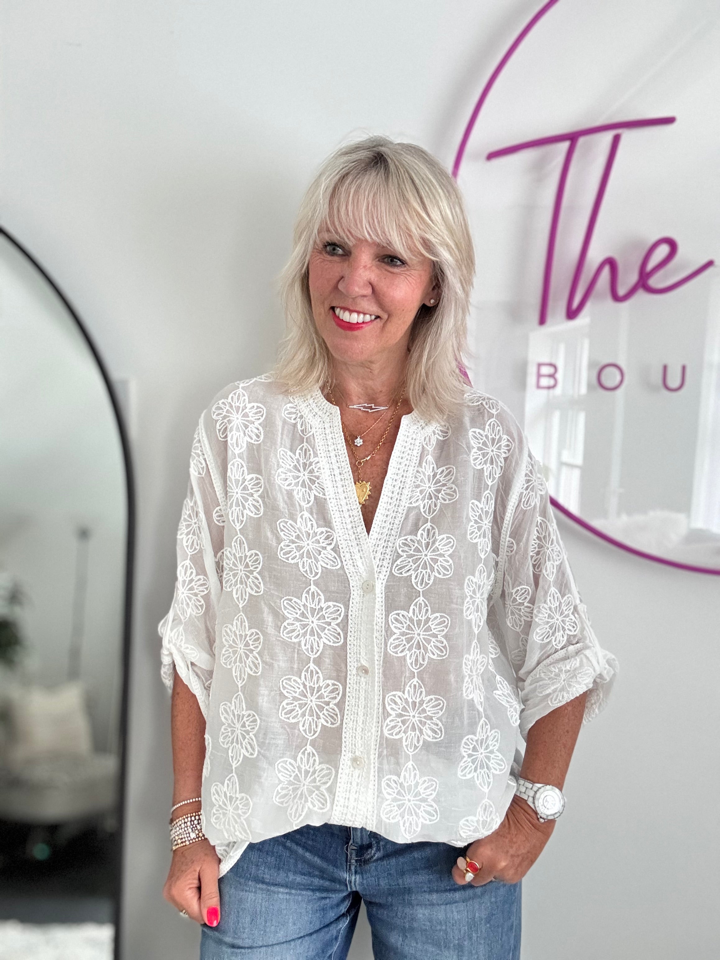 Embroidered Buttoned Top in Ivory