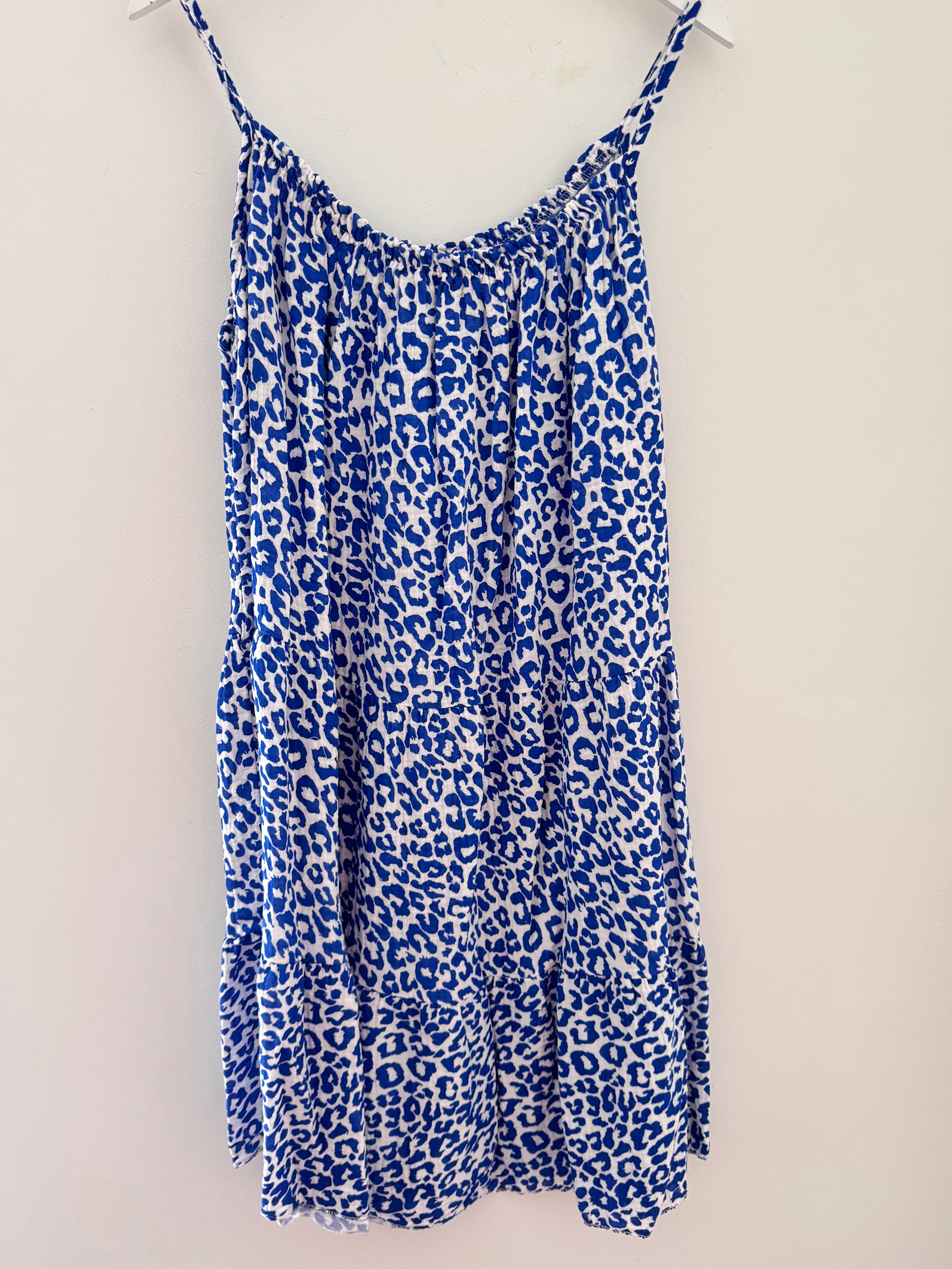 Leopard Cheesecloth Dress in Sapphire & White