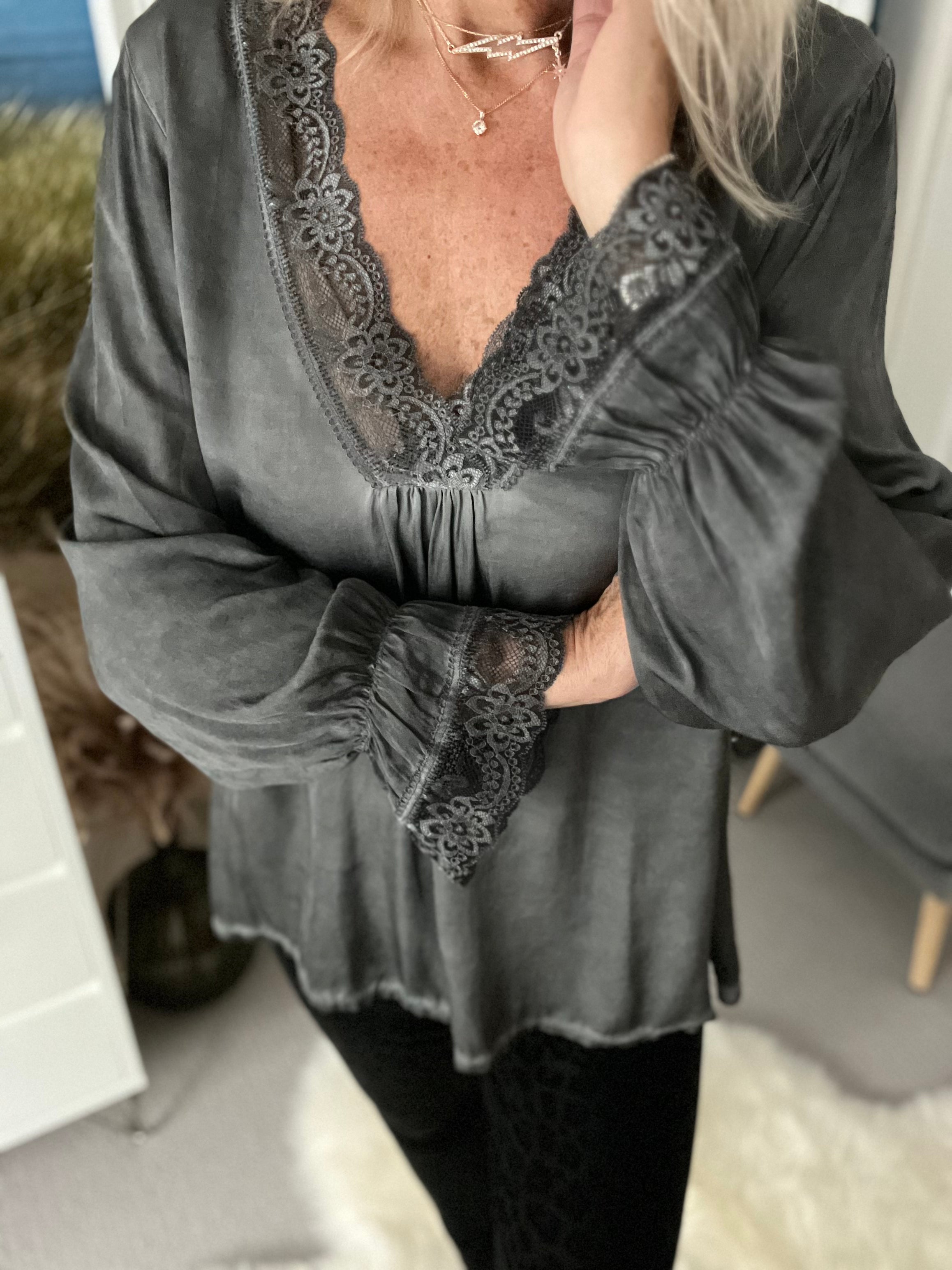 Silky Top with Lace Trim in Vintage Charcoal