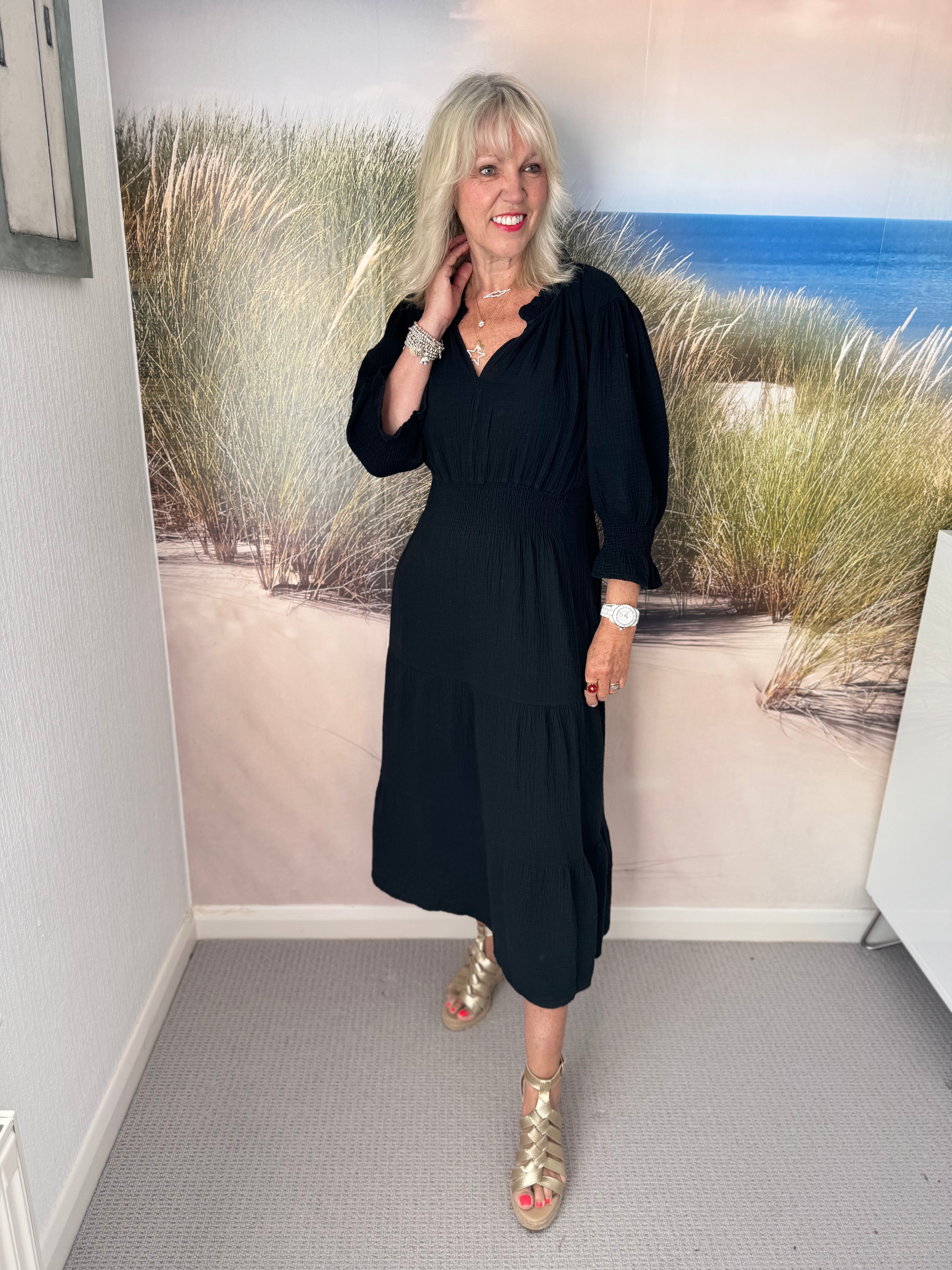 Cheesecloth Midi Dress in Black