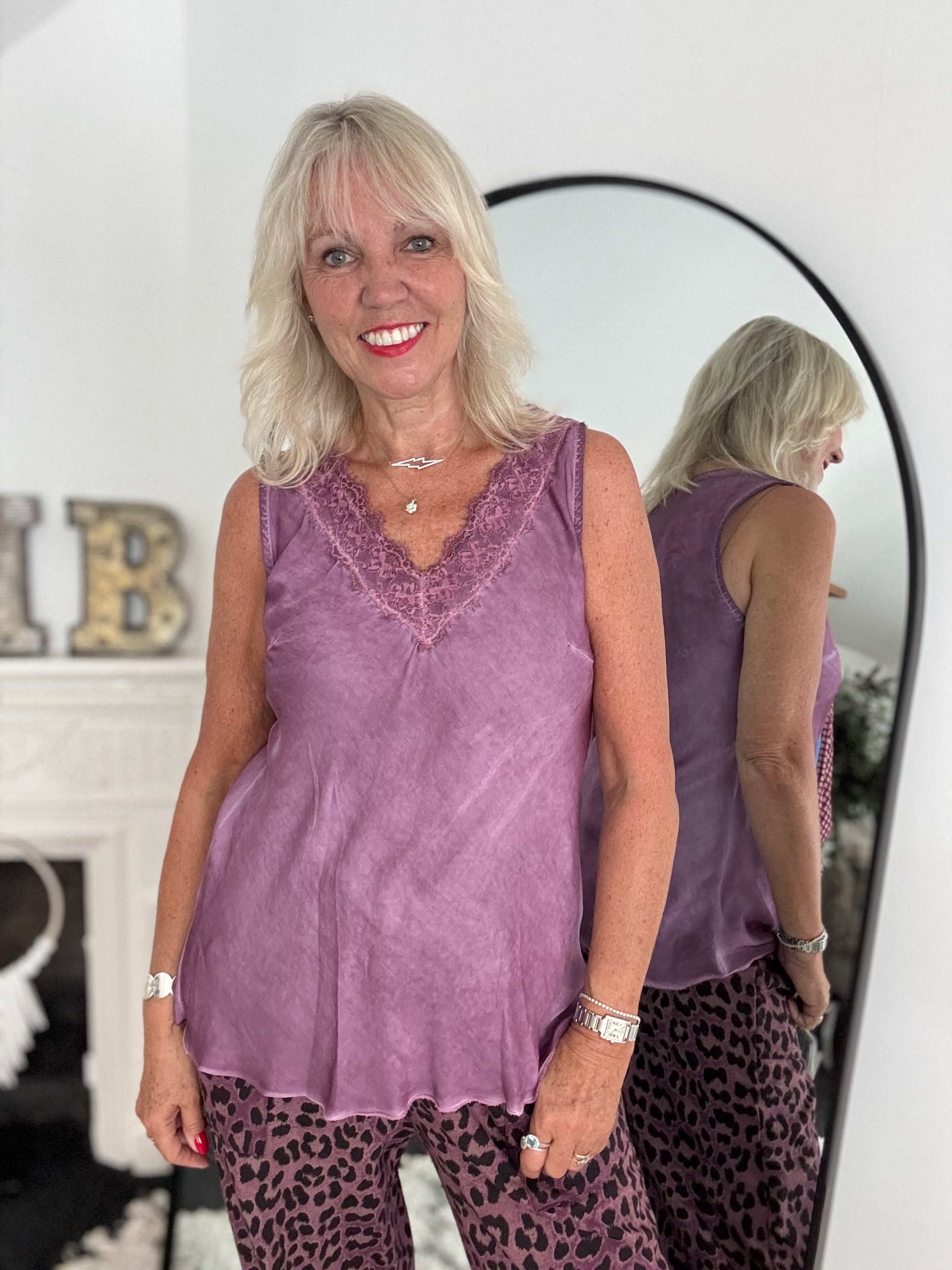 Lace Trim Silk Top in Soft Plum