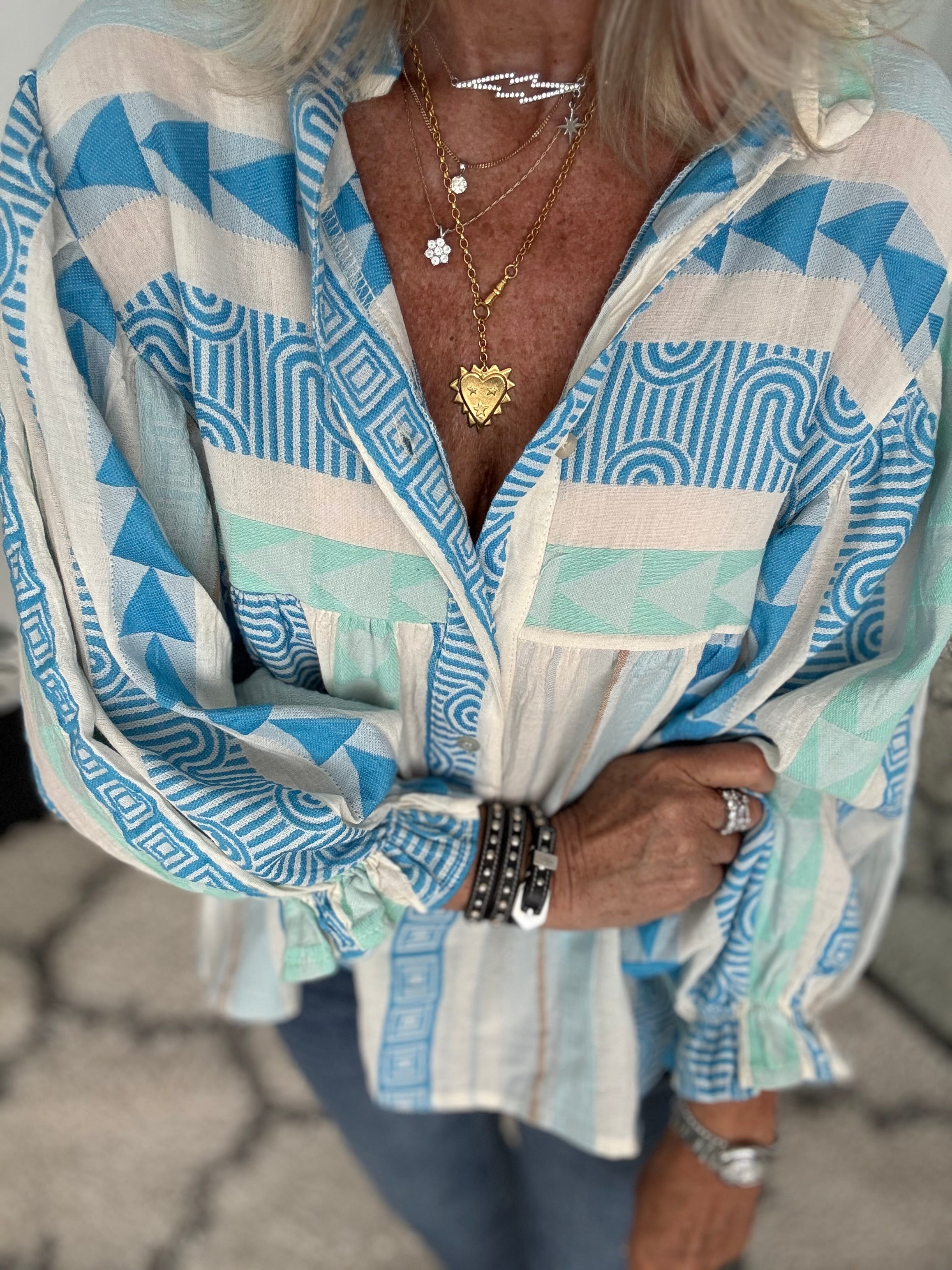 Embroidered Shirt in Blue & Mint