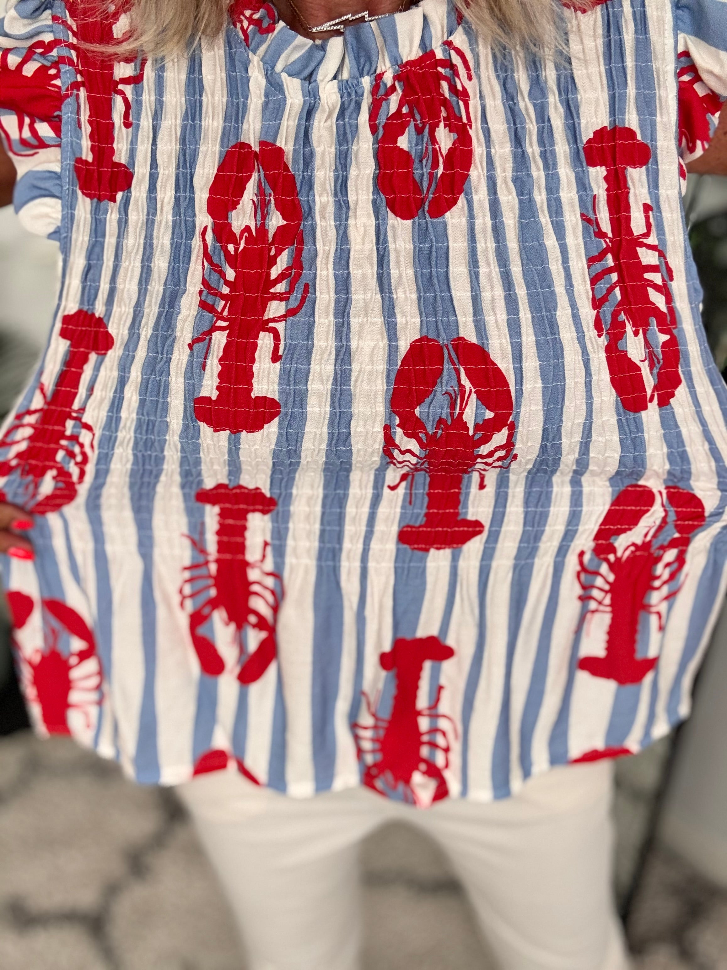 Shirred Lobster Top in Blue & Red