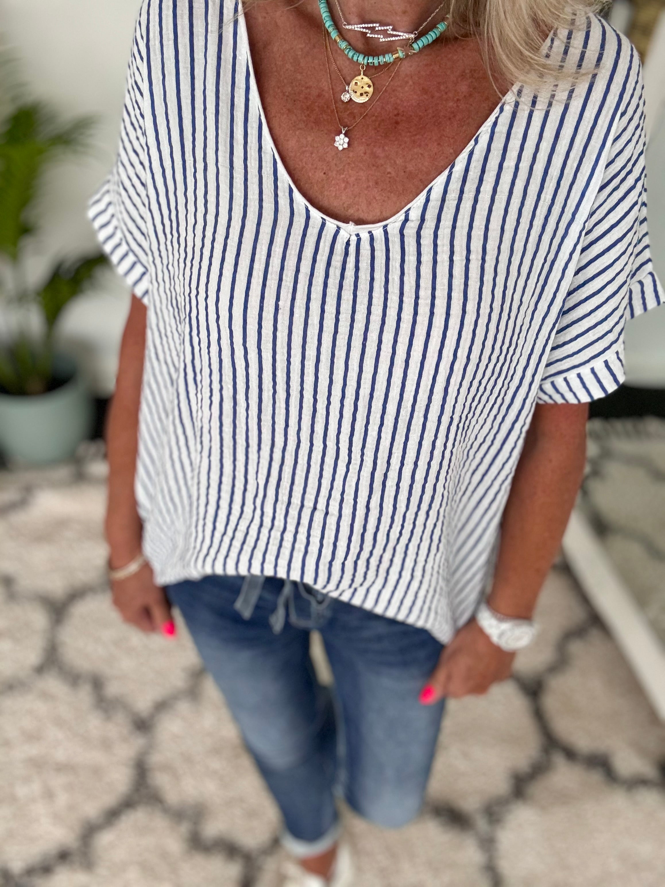 Cheesecloth Stripe Top in Blue & White