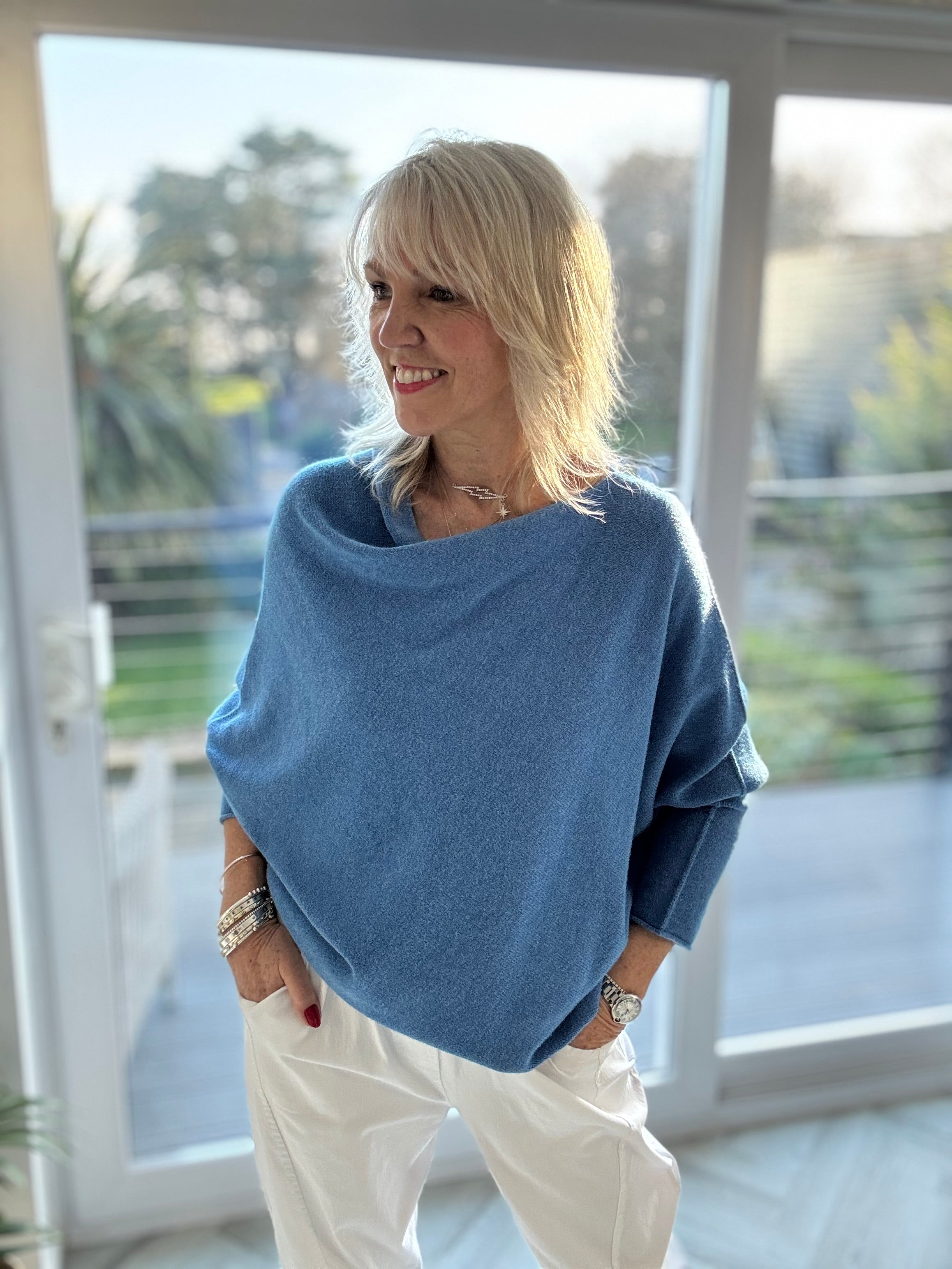 Cowl Neck Asymmetric Jumper in Cornflower