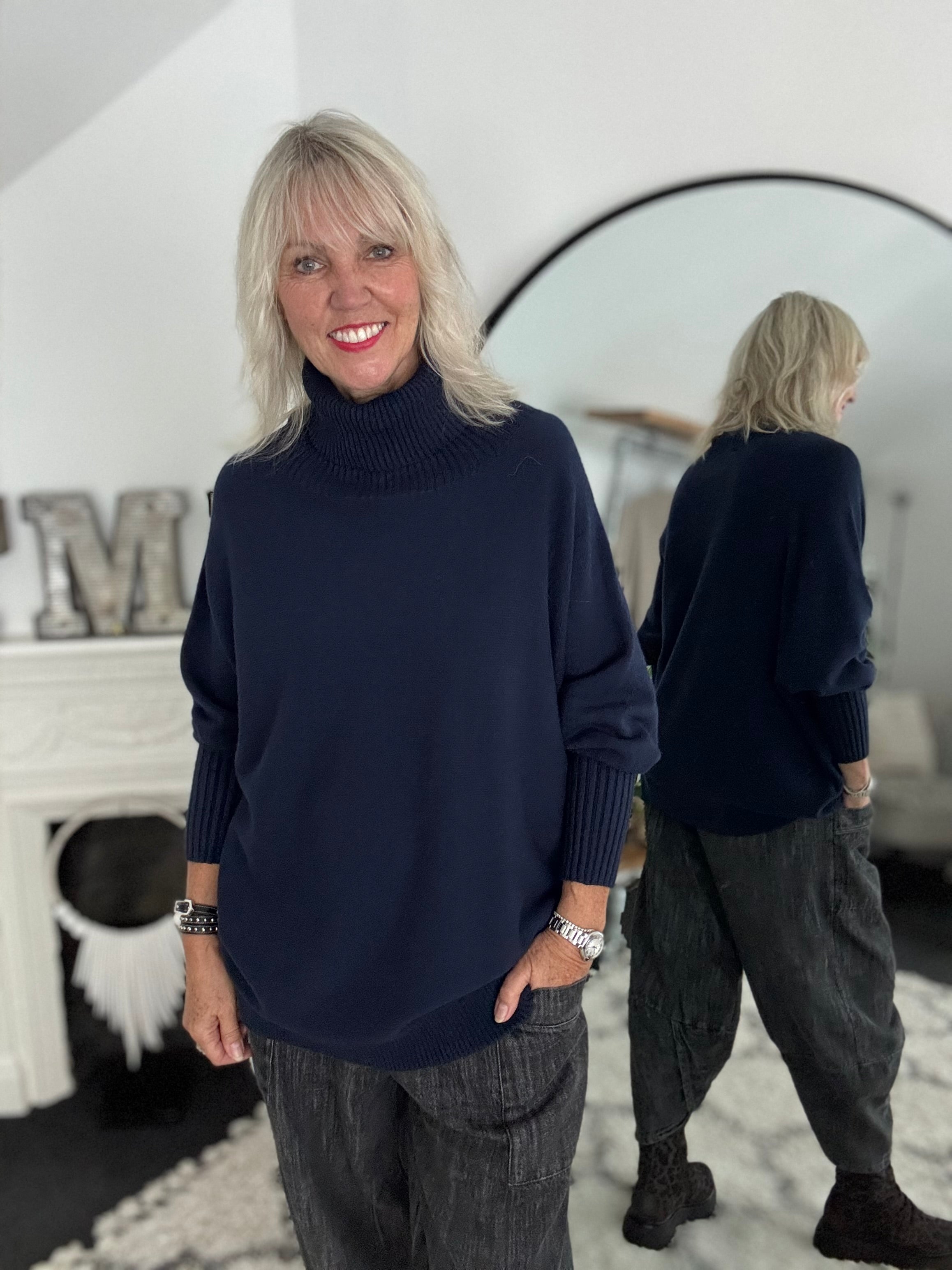 Oversized Roll Neck Poncho Jumper in Ink