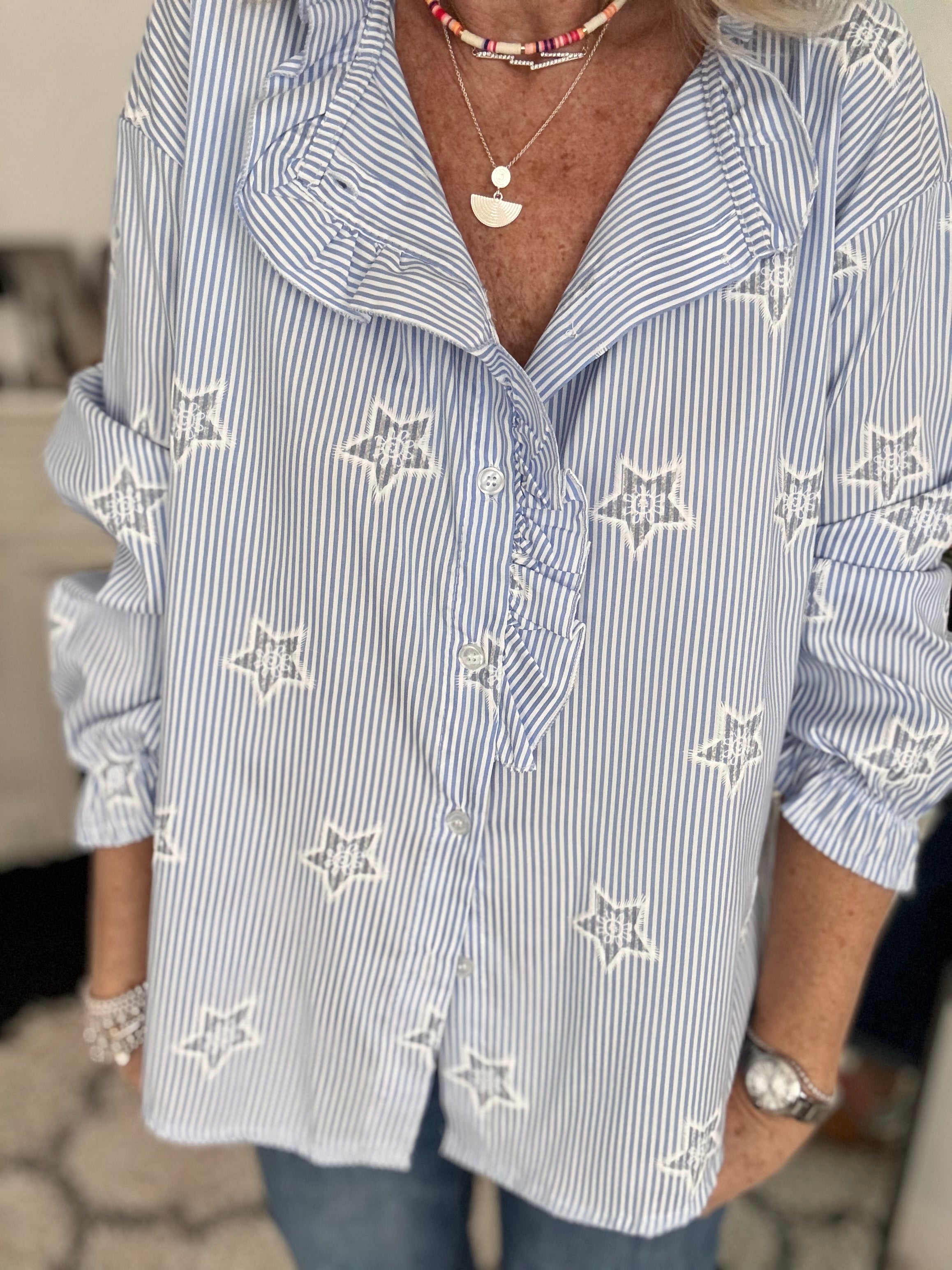 Crisp Blue & White Stripe Shirt with Stars