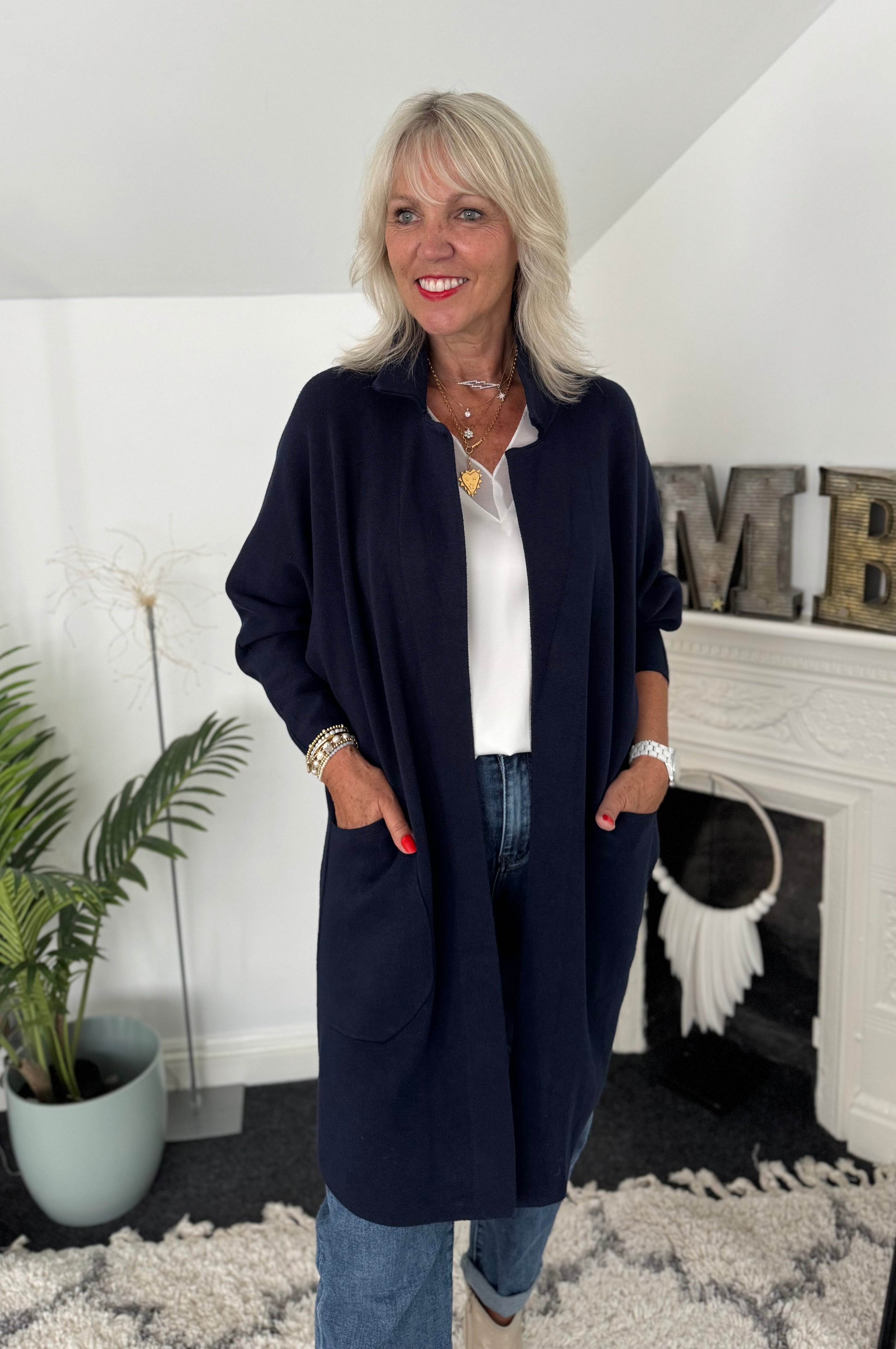 Long Knitted Coatigan in Navy