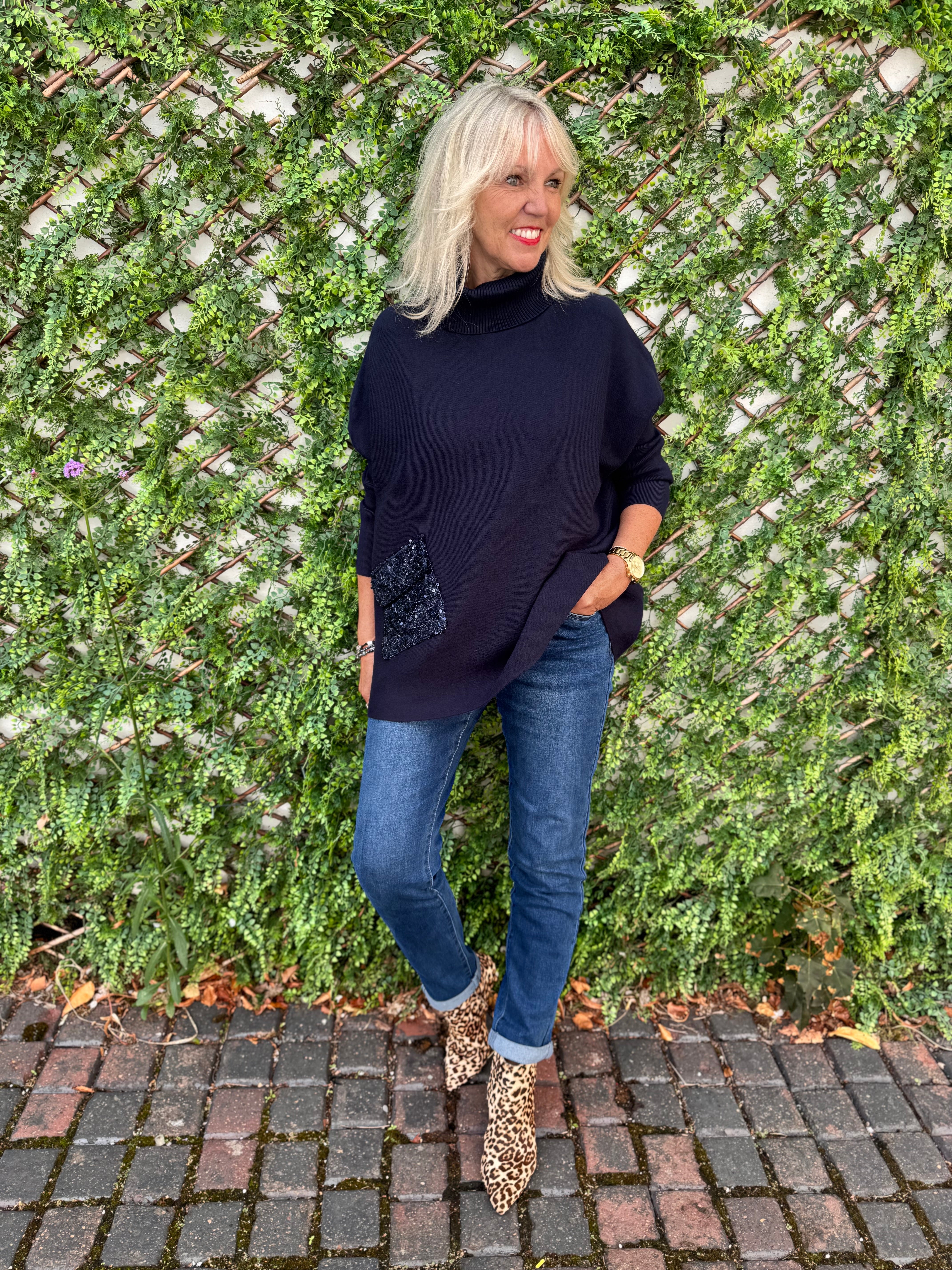 Oversized Roll Neck Poncho Jumper in Ink