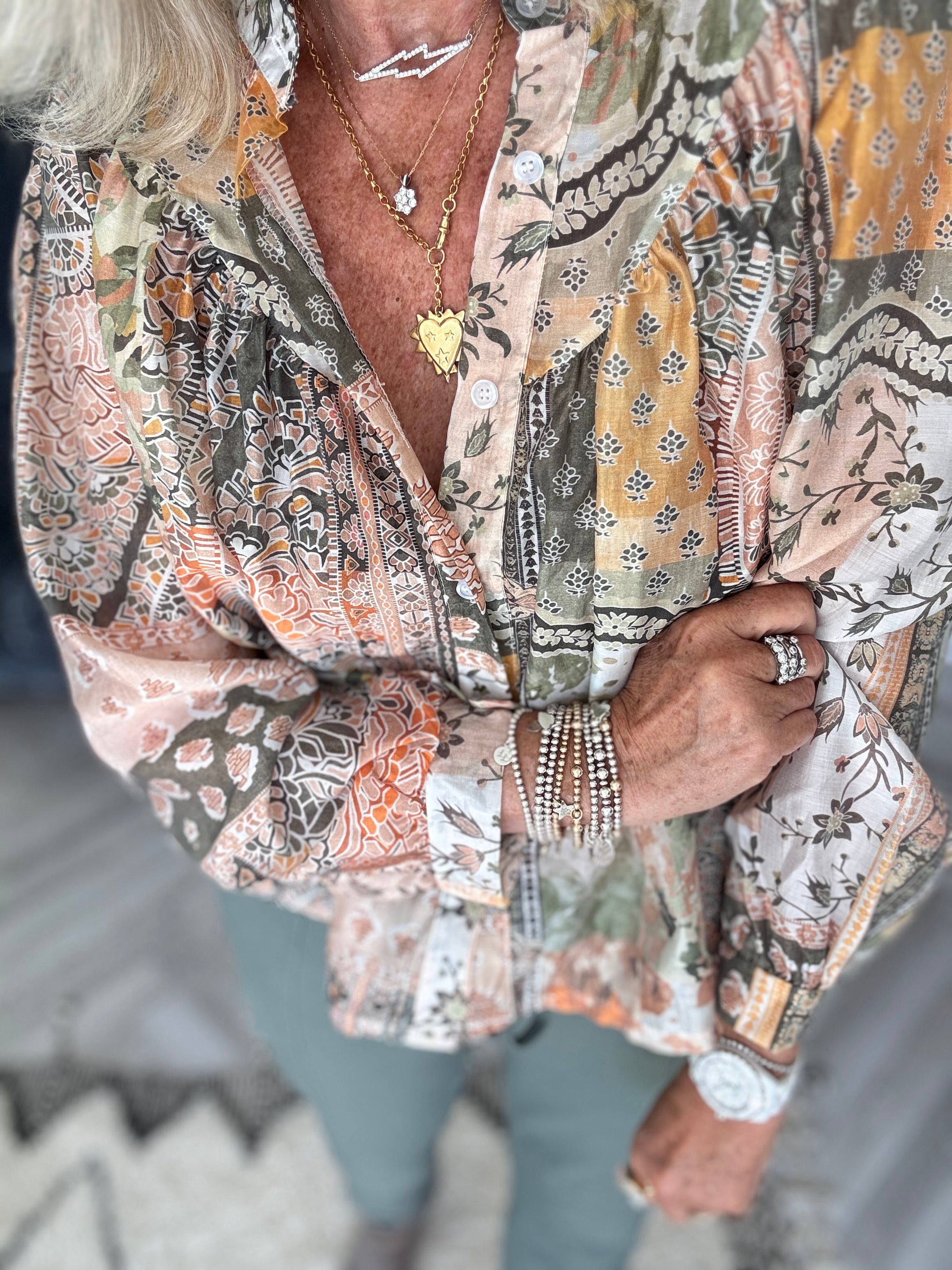 Patchwork Shirt in Khaki & Coral