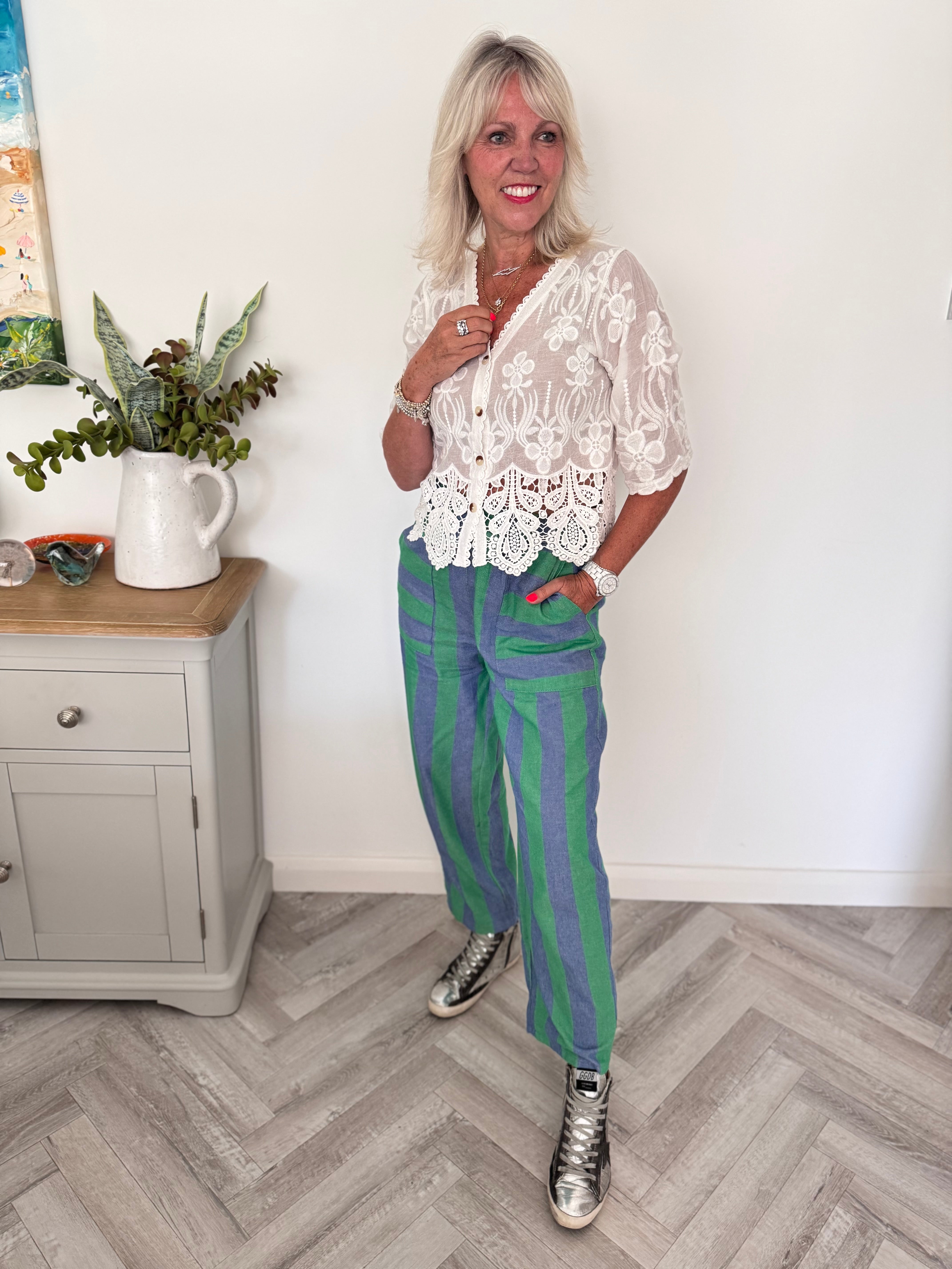 Stripe Trousers with Deep Pockets in Blue & Green