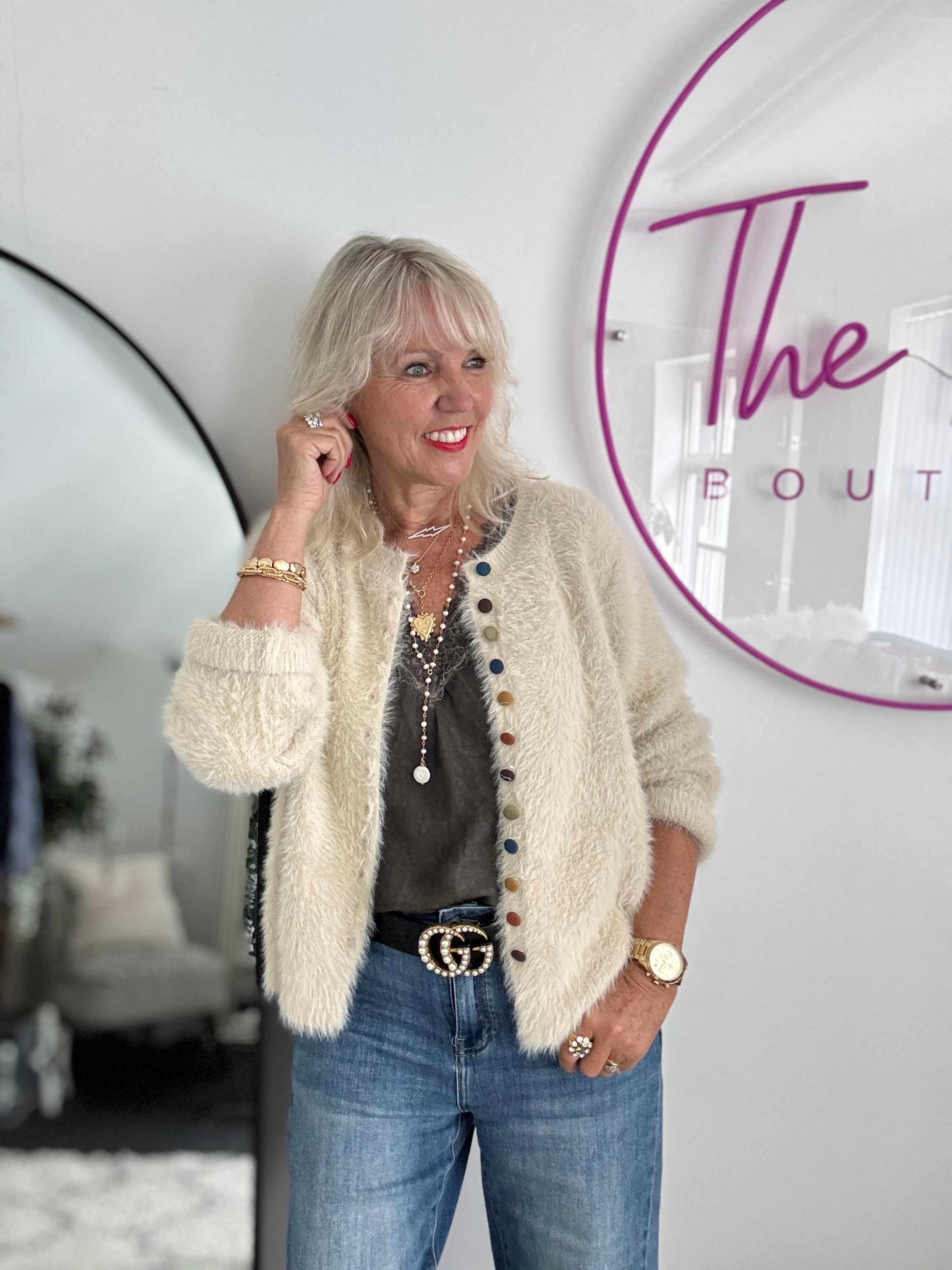 Fluffy Cardi with Multicolour Buttons in Ecru