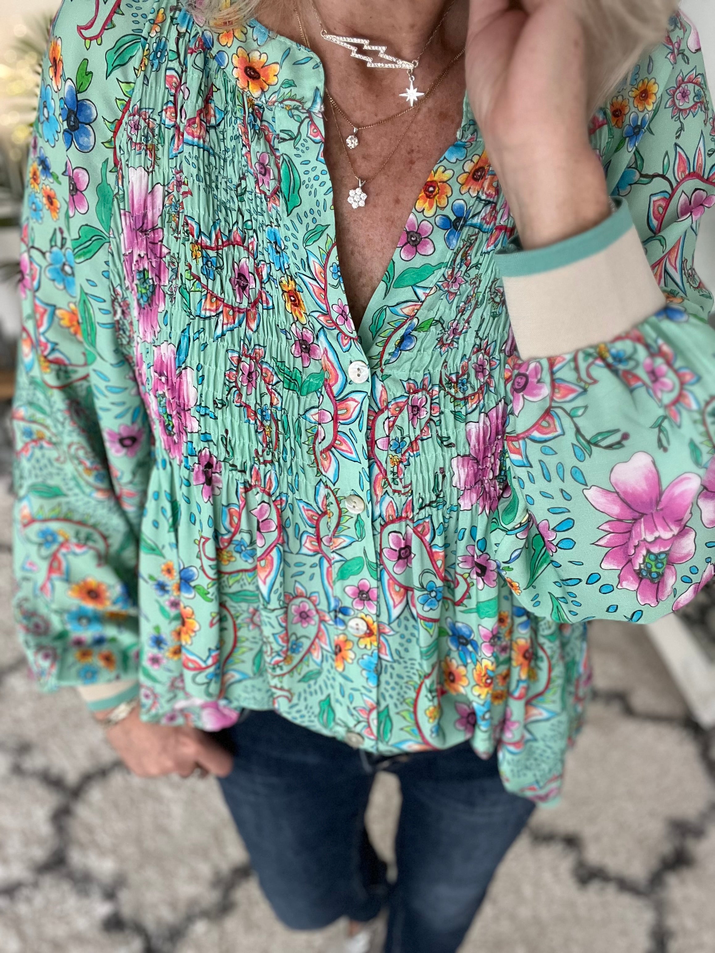 Floral Blouse with Elasticated Cuffs in Aqua