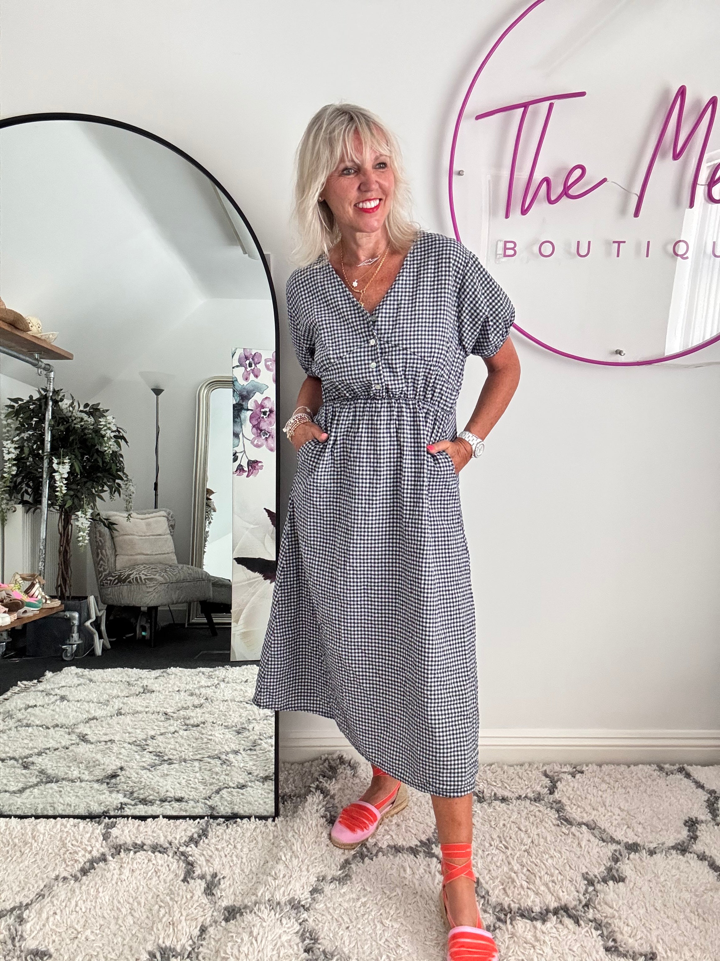 Gingham Dress in Navy & White