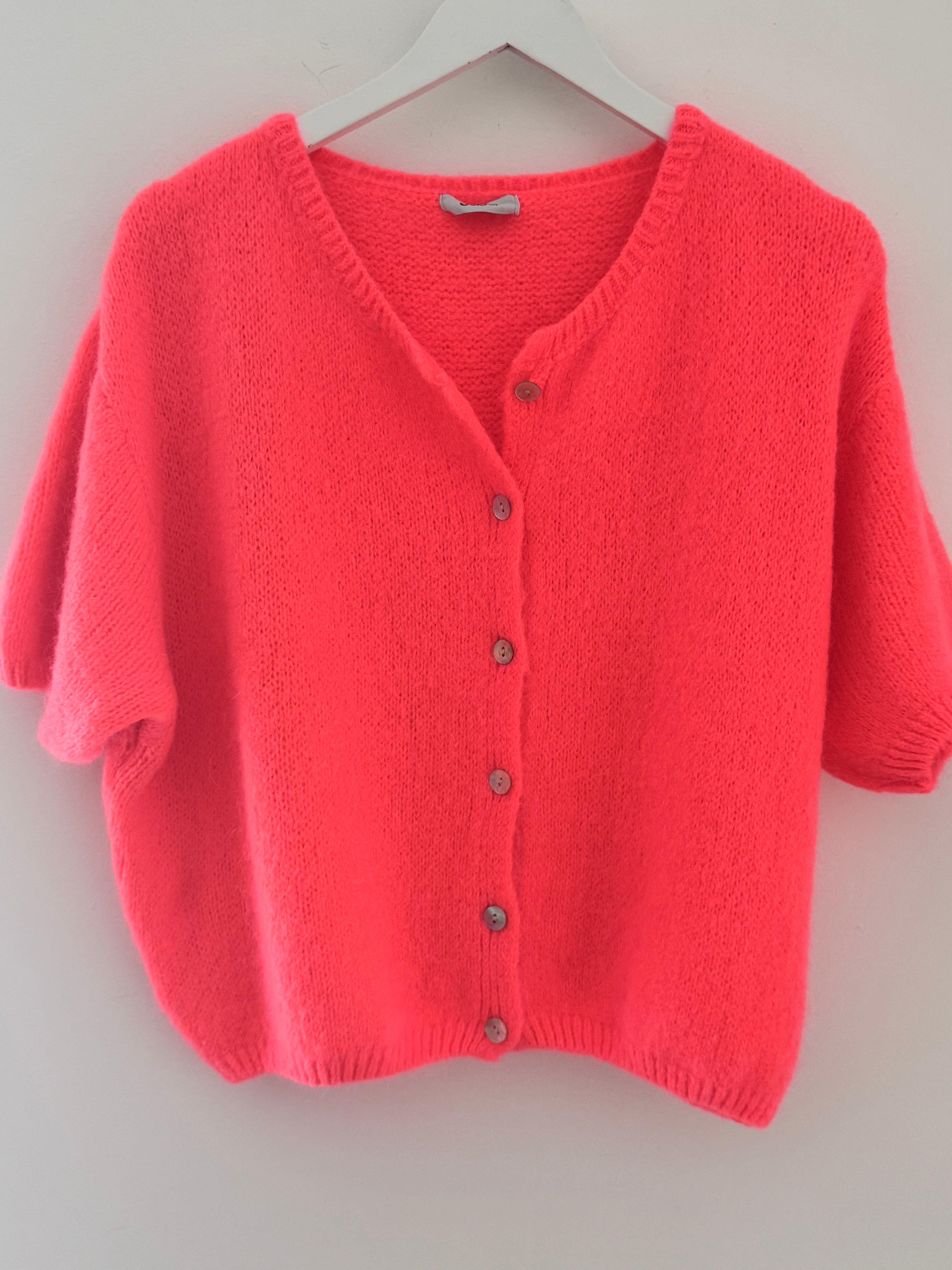 Super Soft Short Sleeve Cardi in Neon Coral