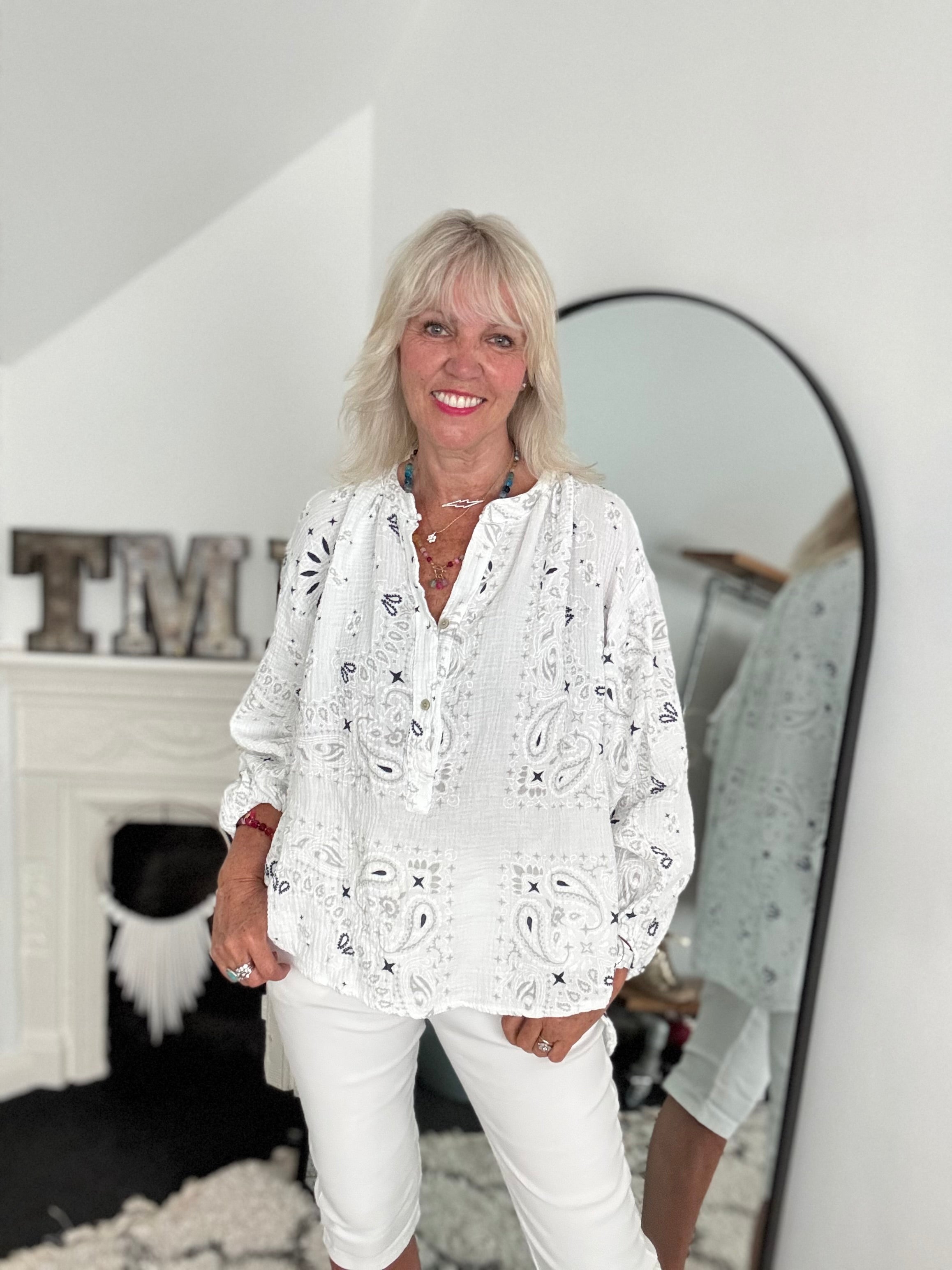 Oversized Paisley Cheesecloth Shirt in White