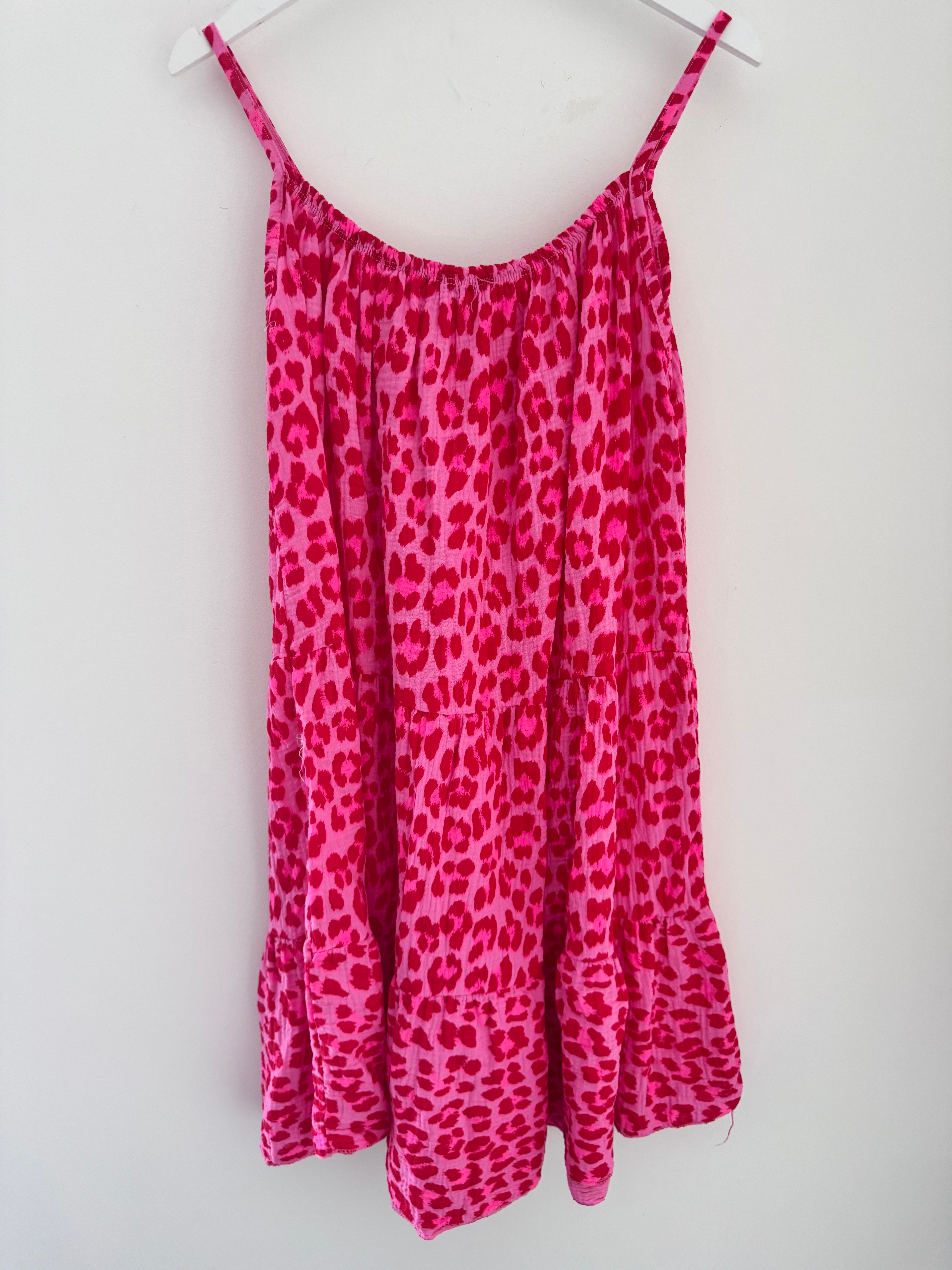 Leopard Cheesecloth Dress in Red & Candy Pink