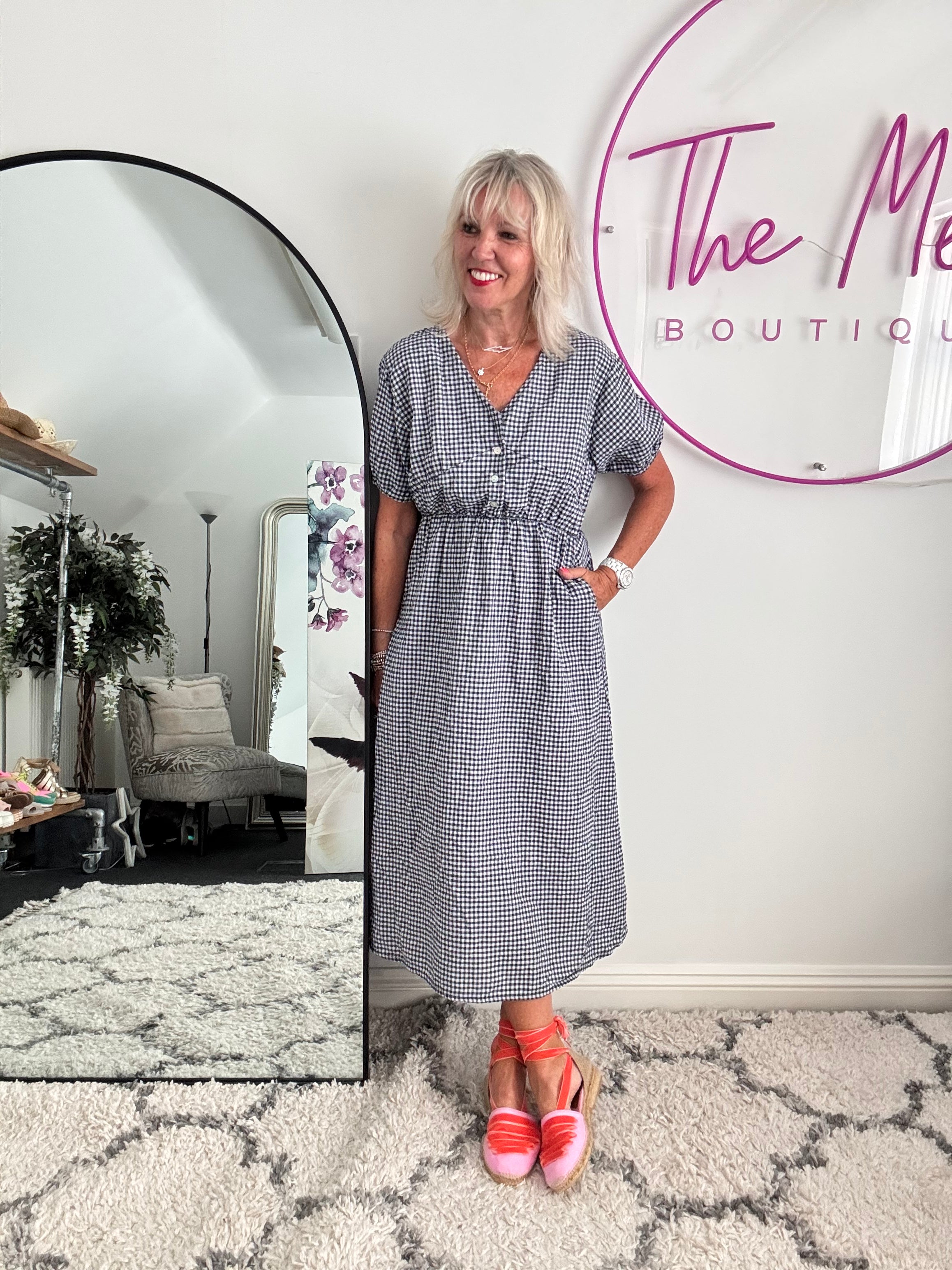 Gingham Dress in Navy & White