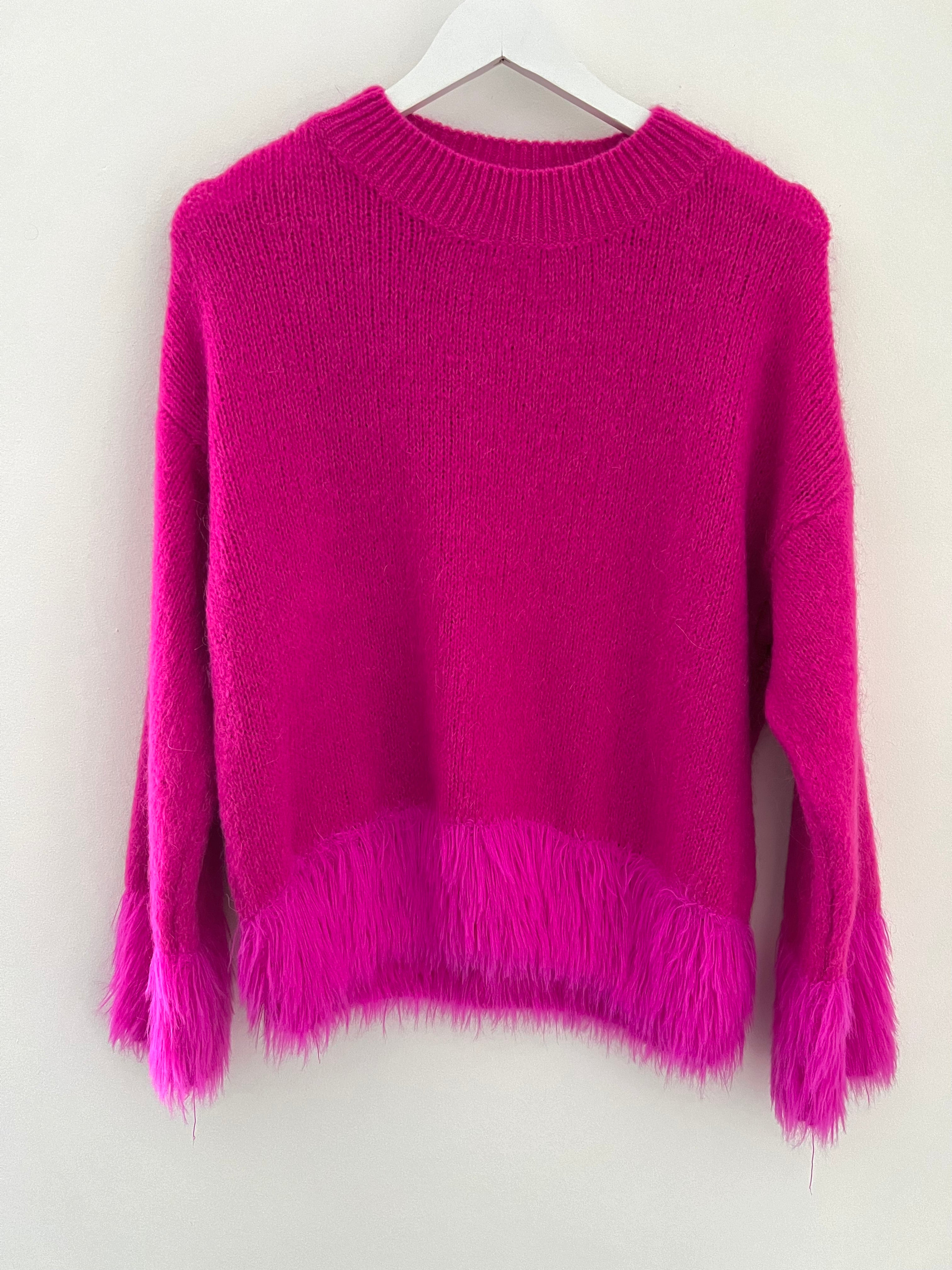 Luxe Fringe Round Neck Sweater in Fuchsia