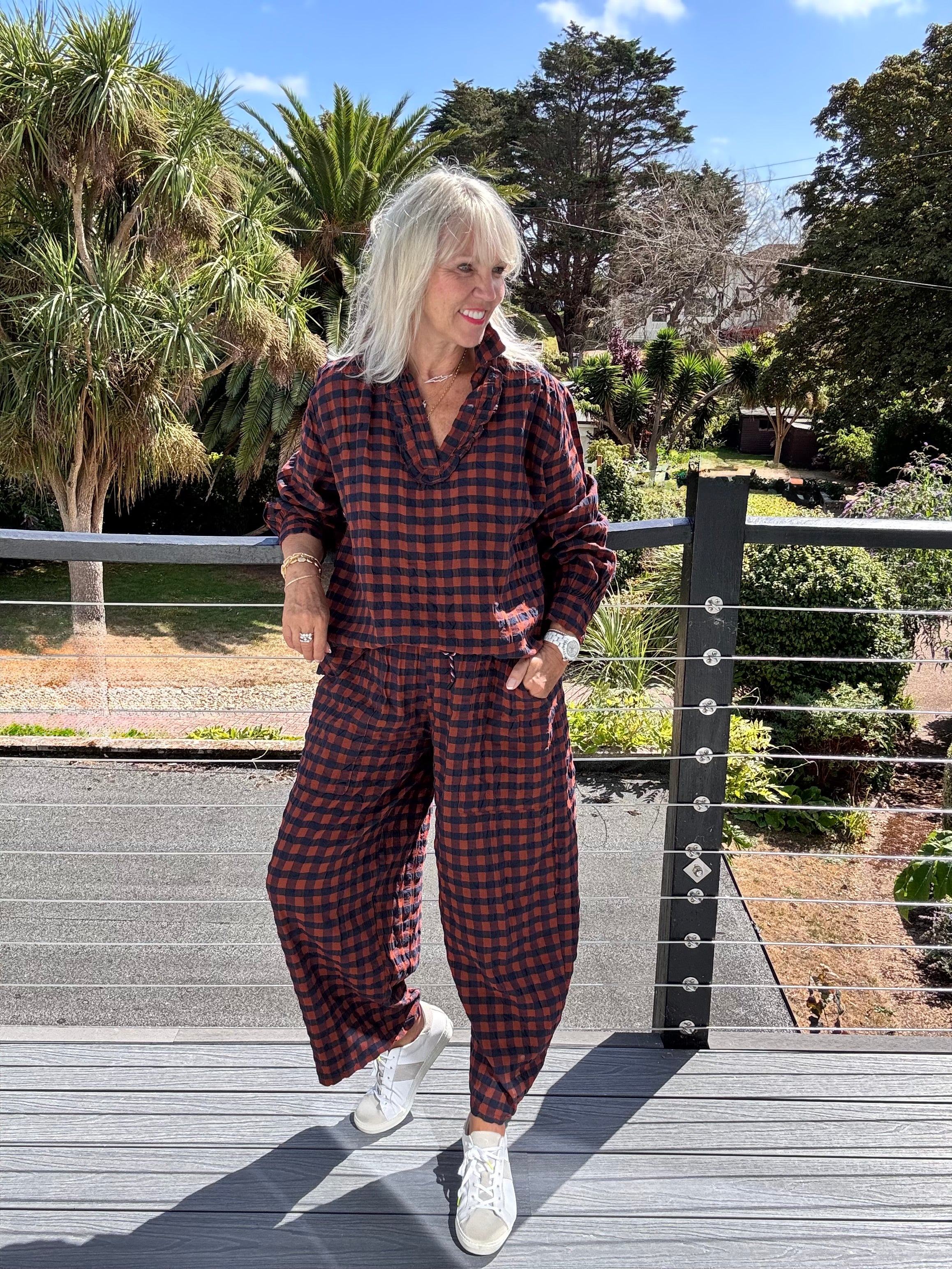 Barrel Check Trousers in Rust & Navy