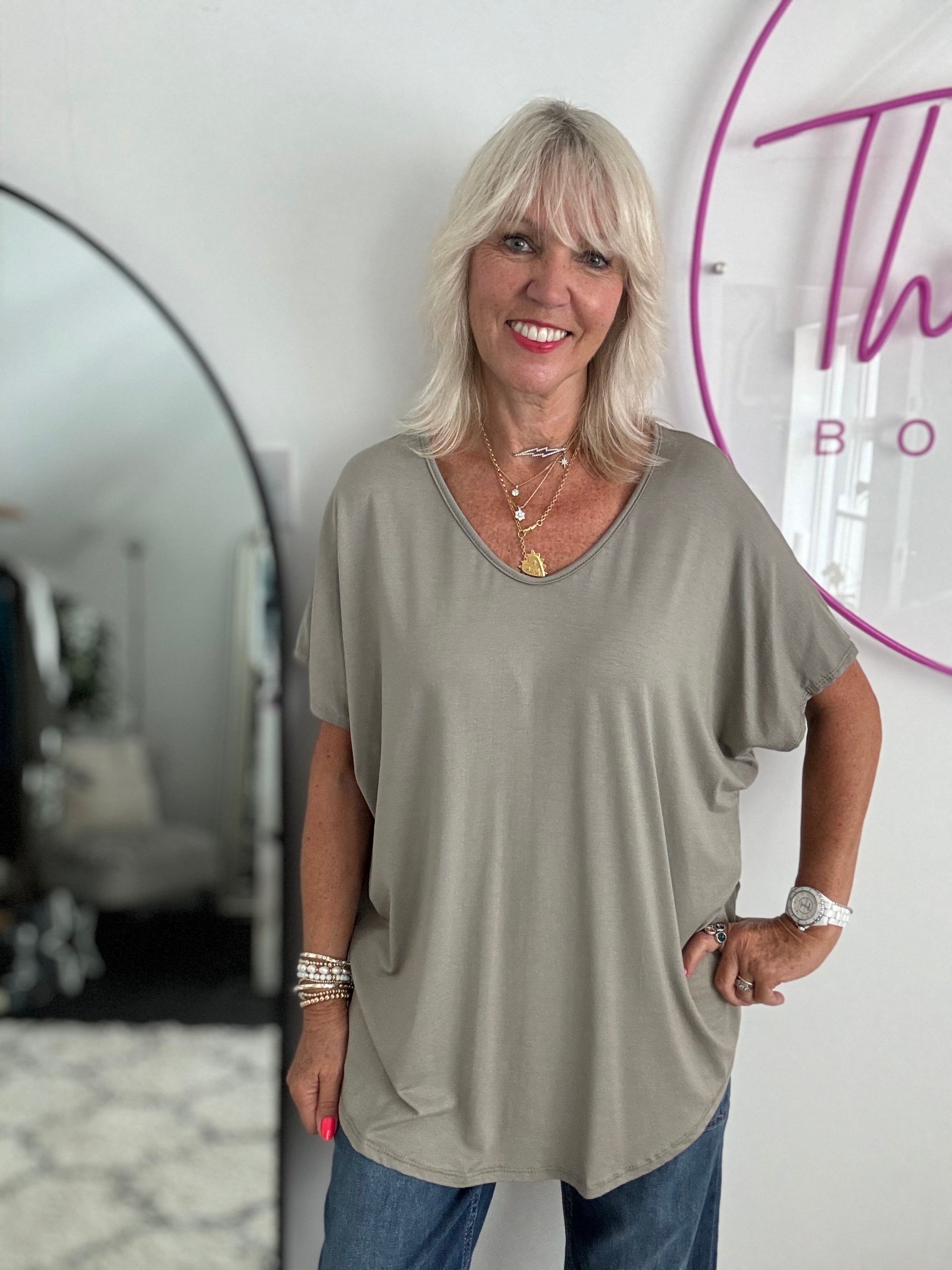Oversized V Neck Tee in Taupe