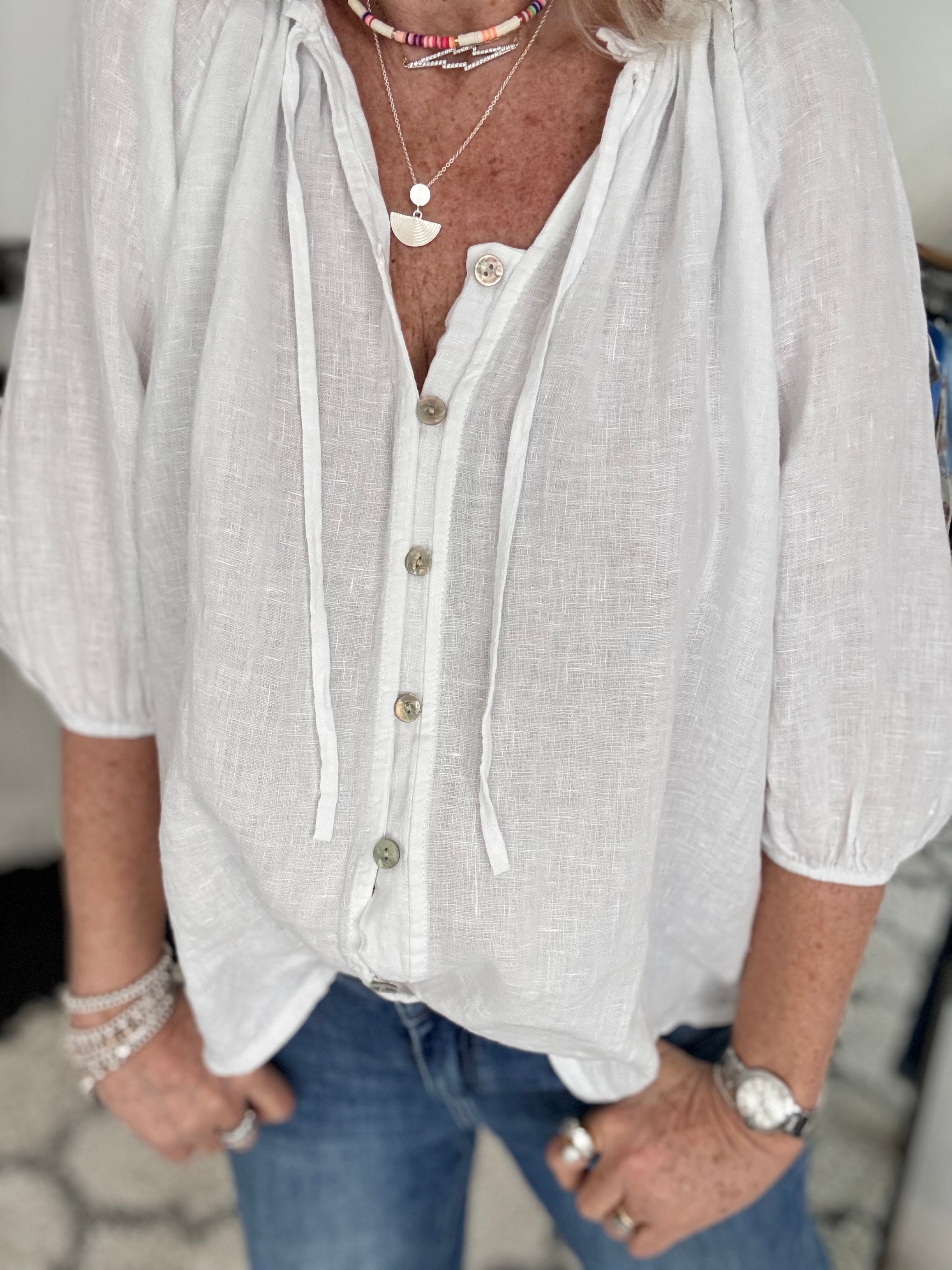 Pure Linen Designer Blouse in White