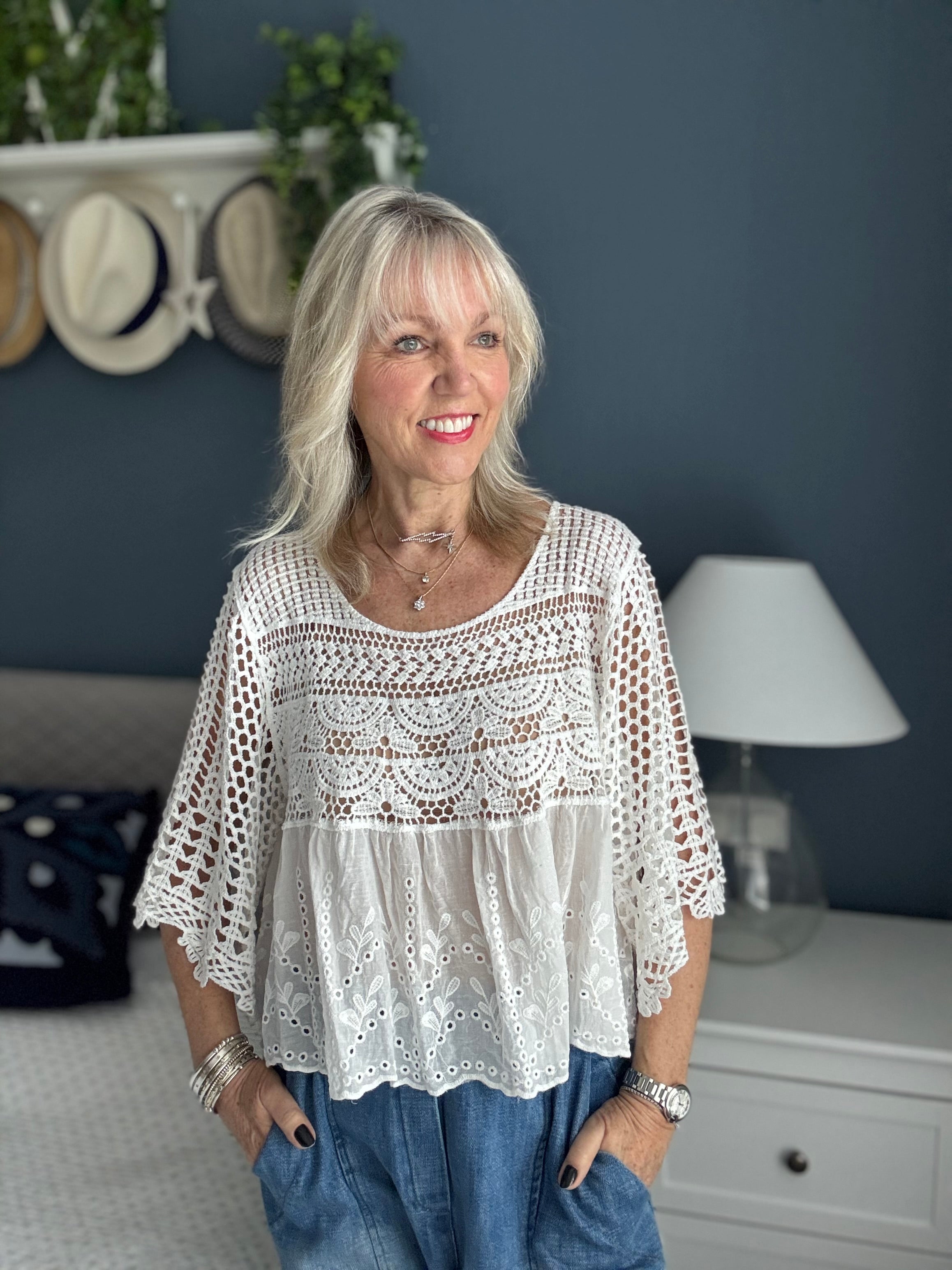 Crochet Scoop Neck Top in White