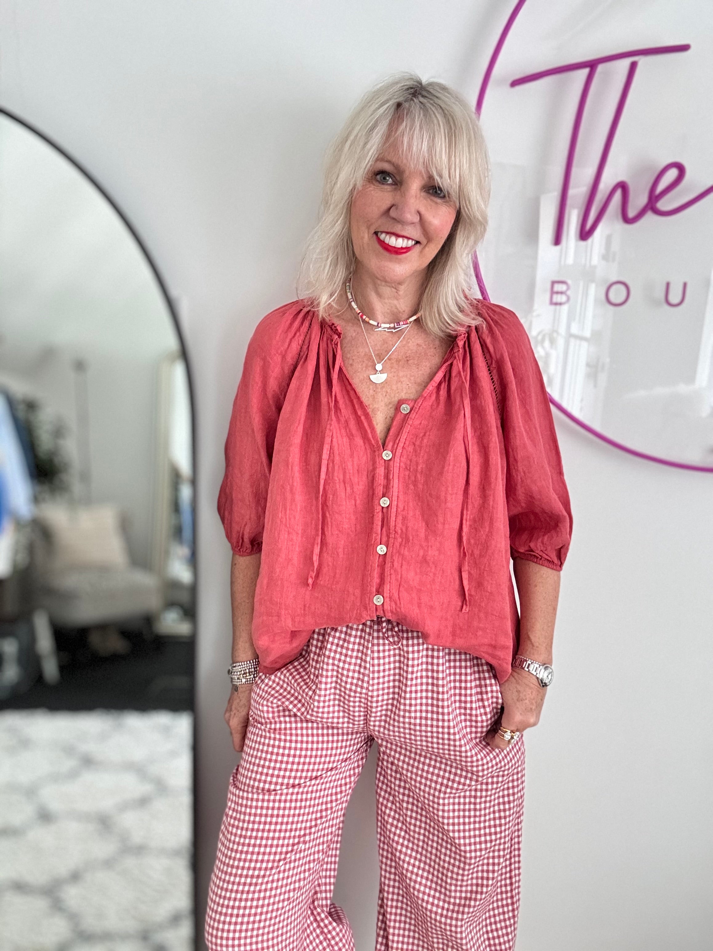 Pure Linen Designer Blouse in Pomegranate