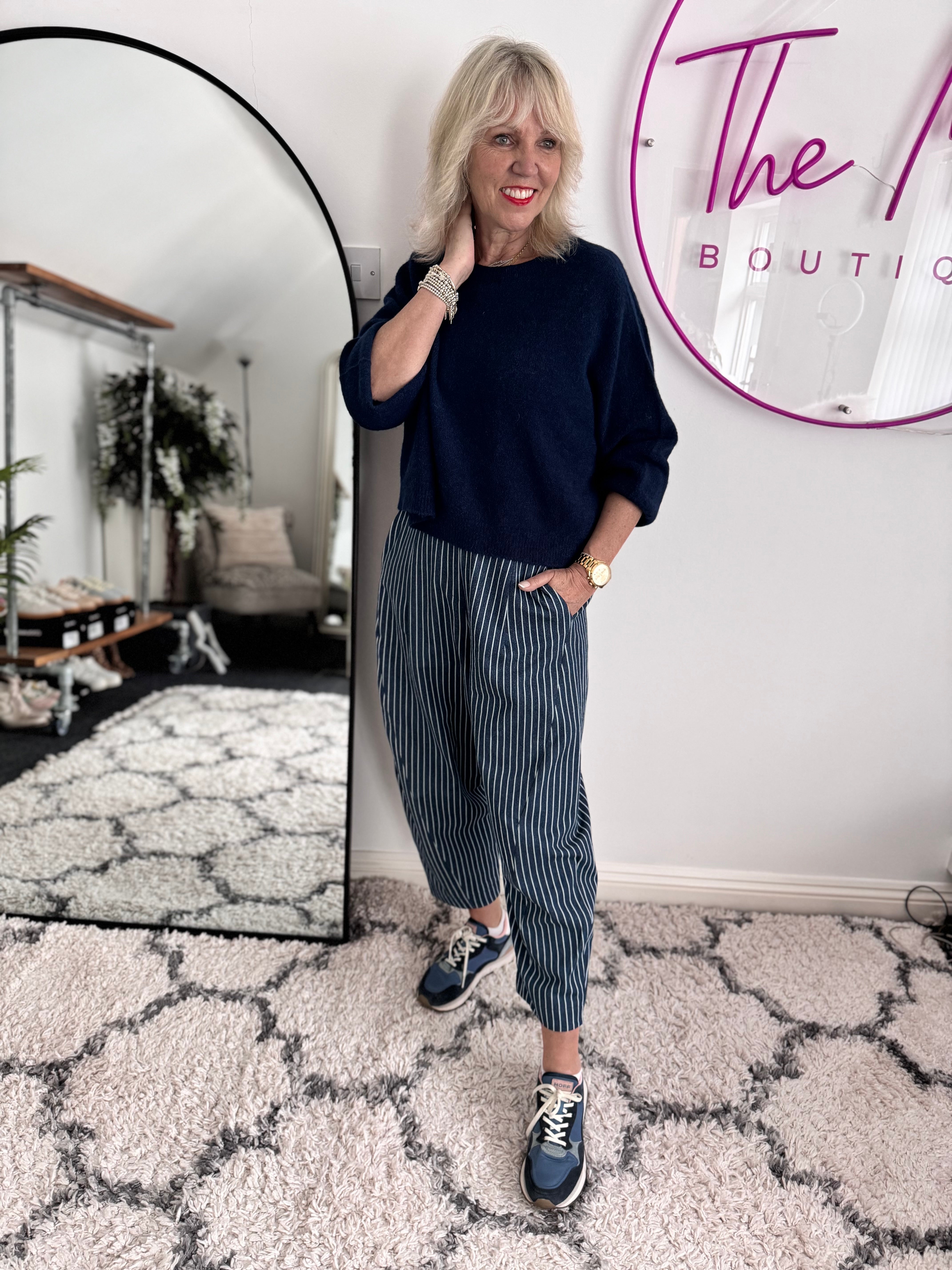 Stripe Barrel Leg Trousers in Denim Blue