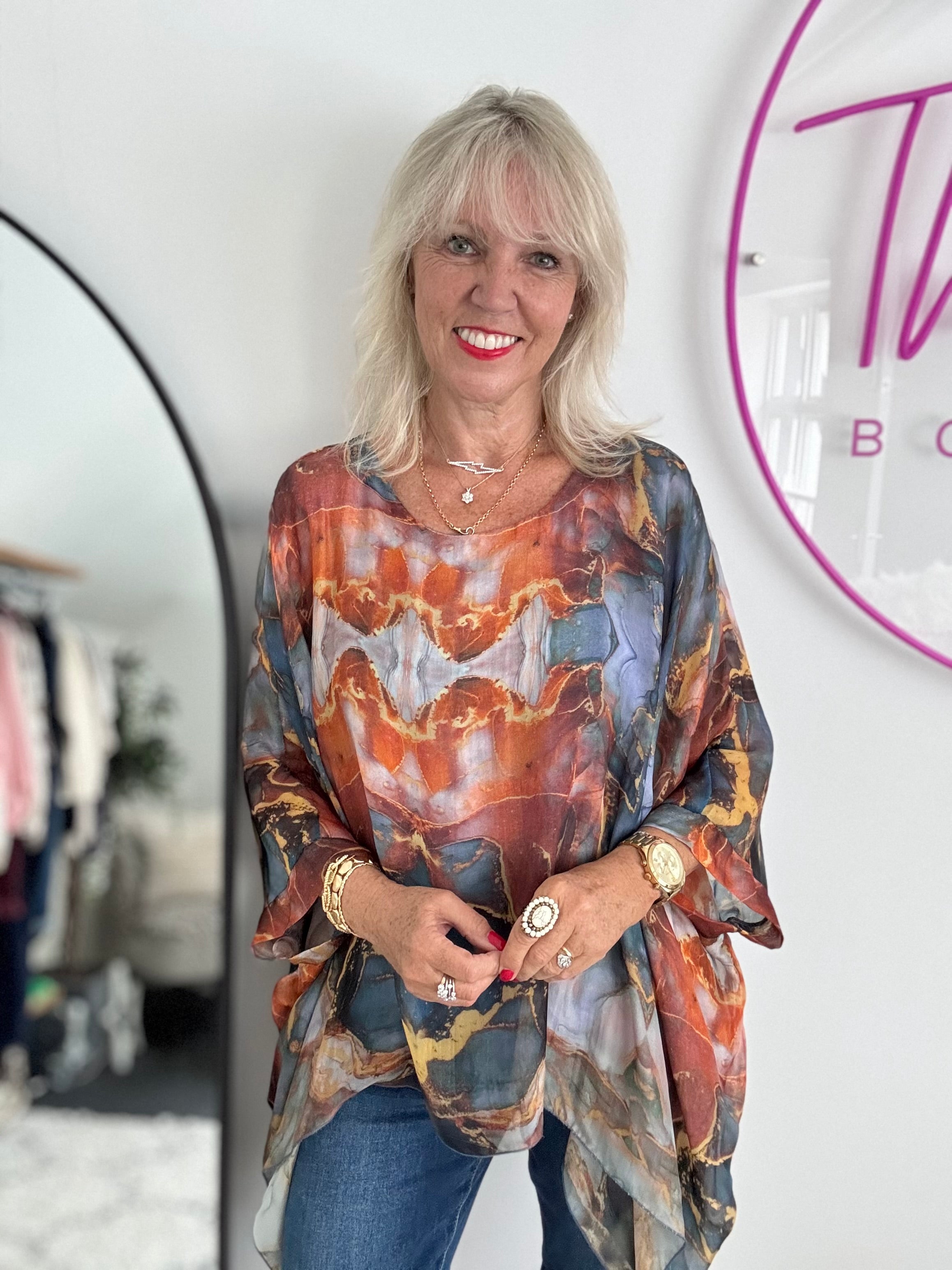 Silk Blouse in Dark Blue & Rust Marble