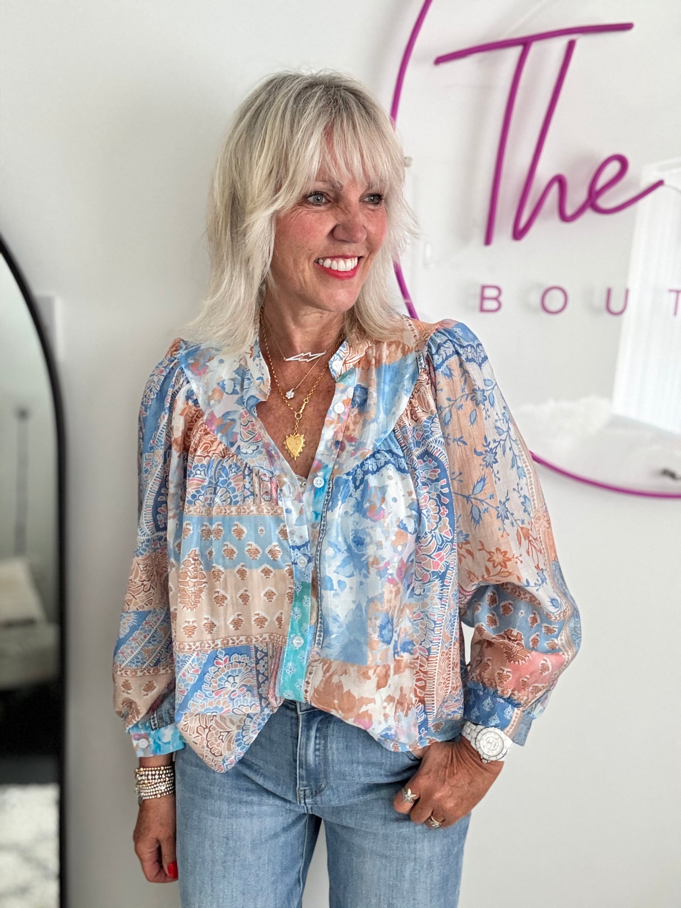 Patchwork Shirt in Blue & Pink