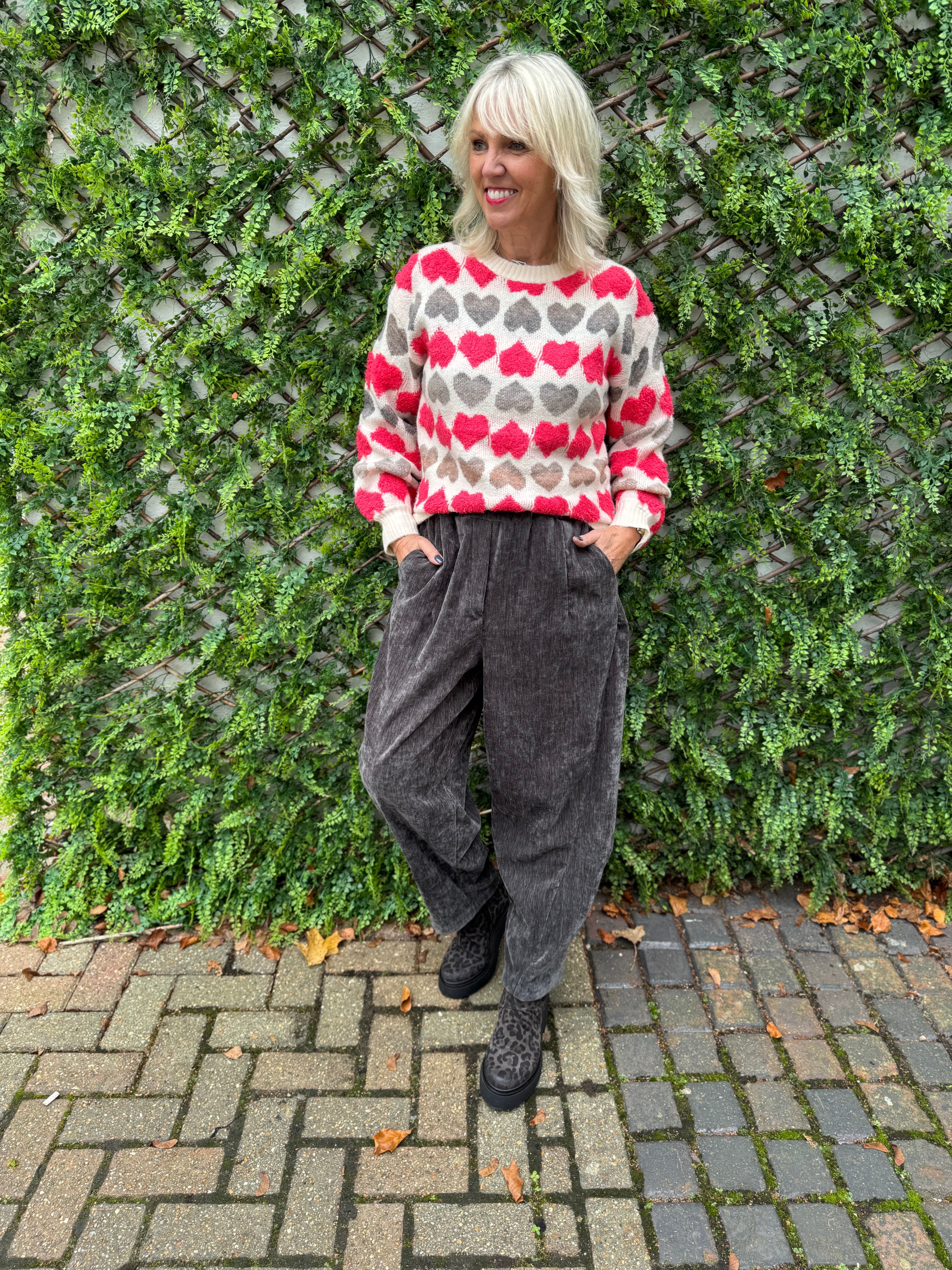 Velvet Stretch Boyfriend Trousers in Dark Grey