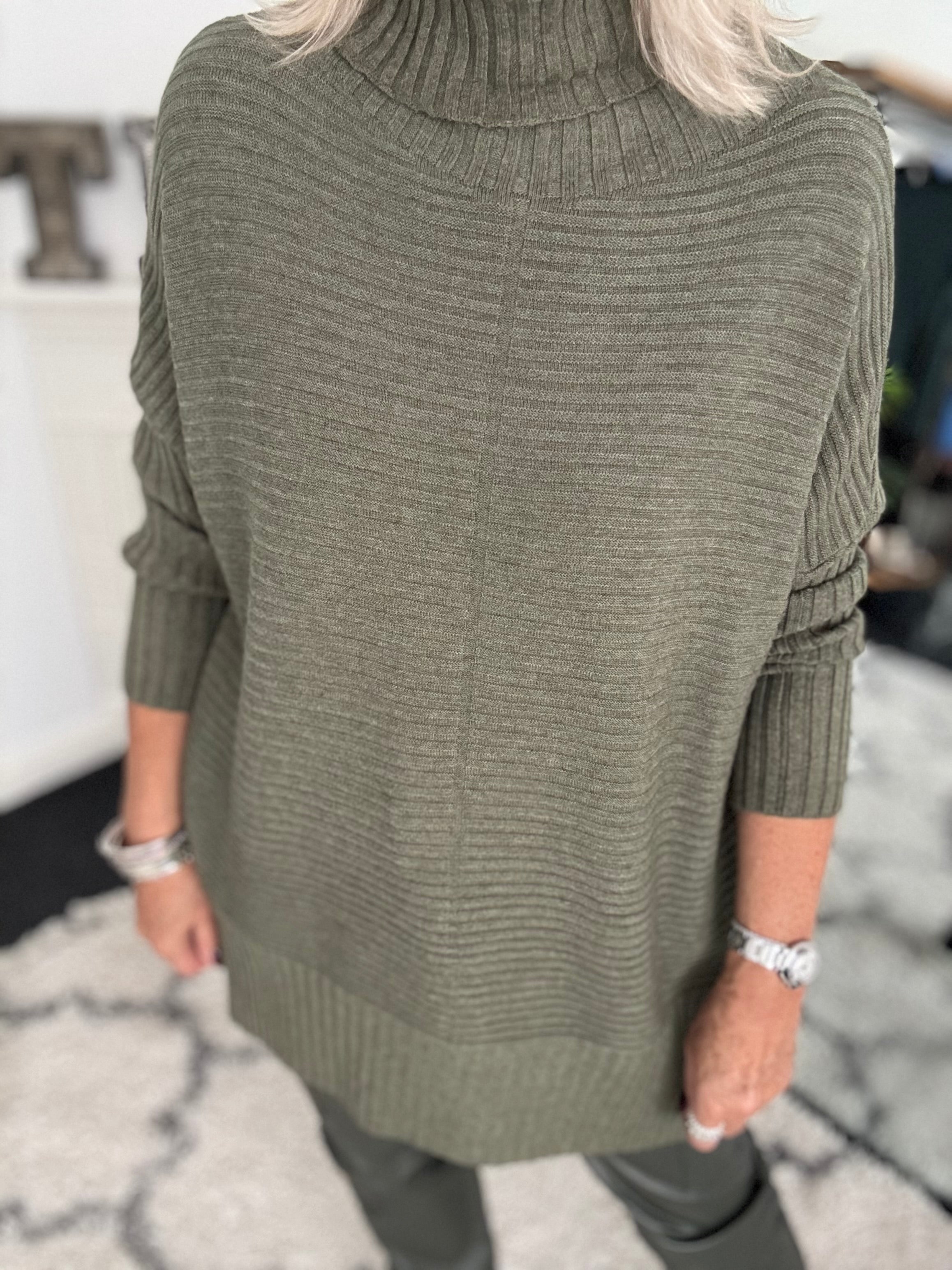 Ribbed Roll Neck Poncho Jumper in Khaki
