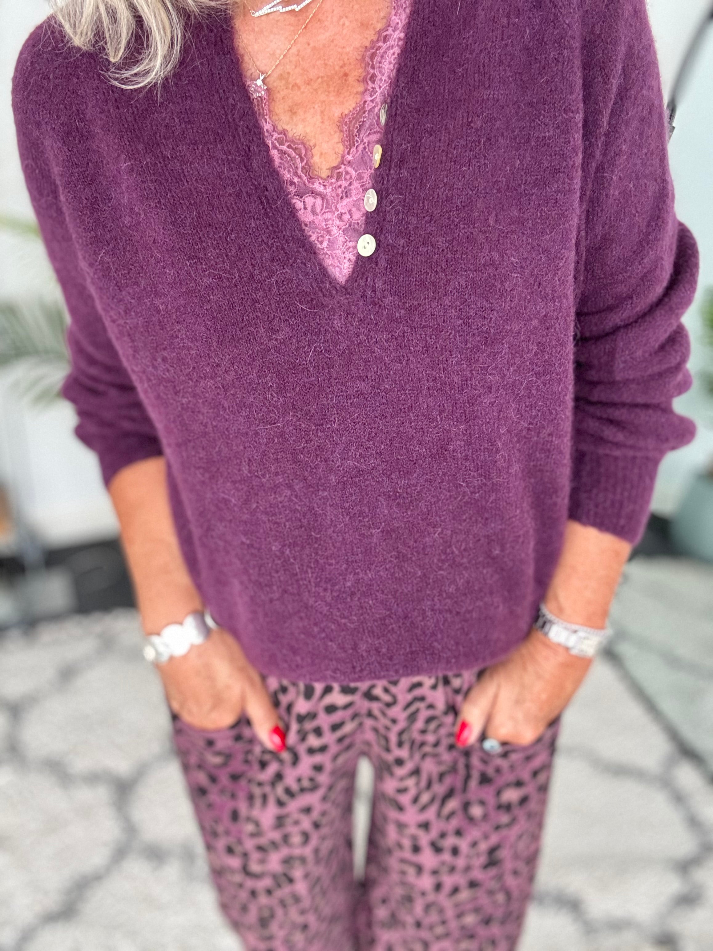 Softie Jumper with Button Neck in Plum