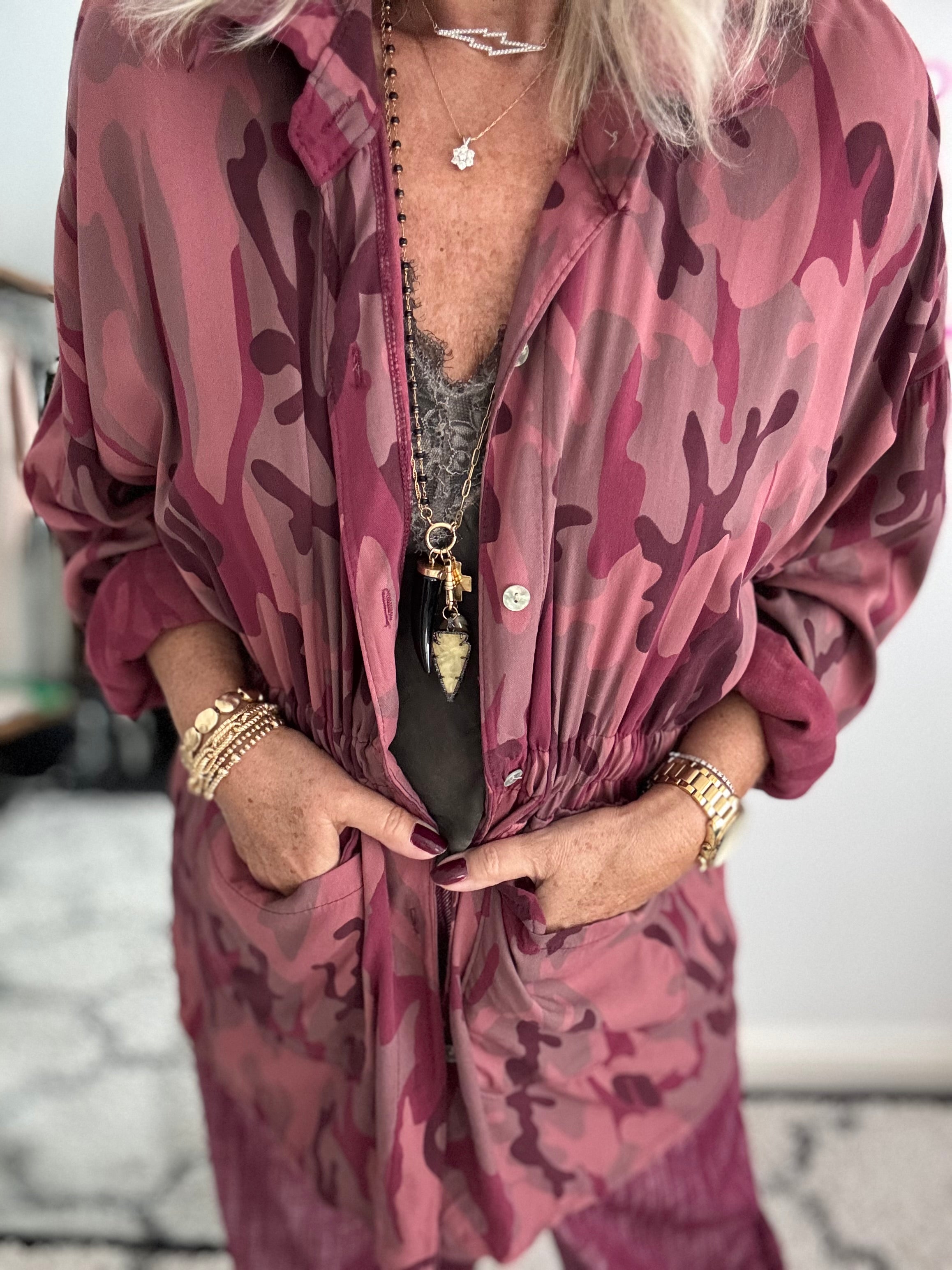 Light Camo Shacket in Plum & Berry