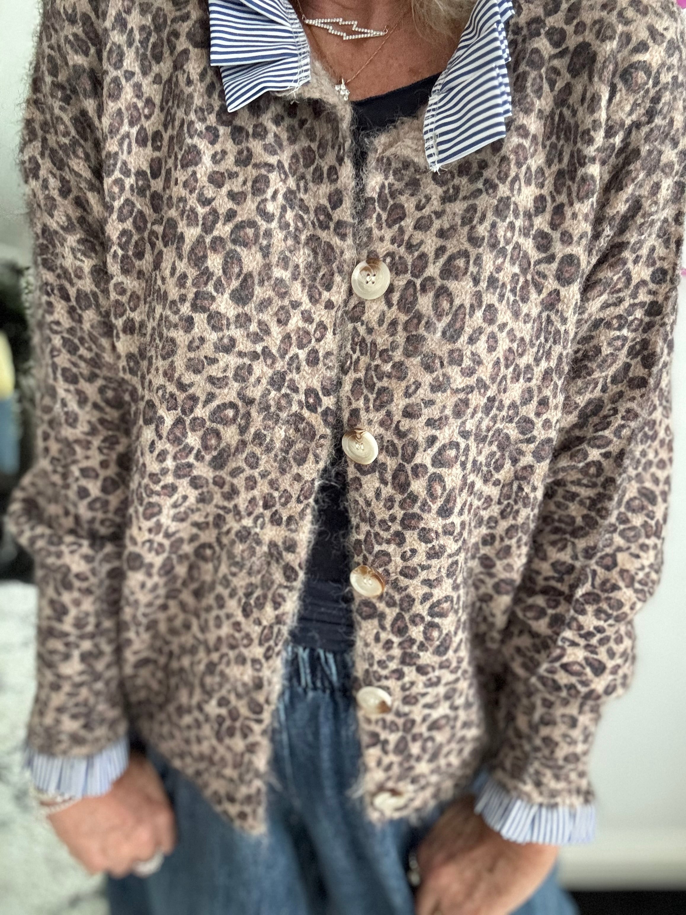 Leopard Cardi with Stripe Collar & Cuffs